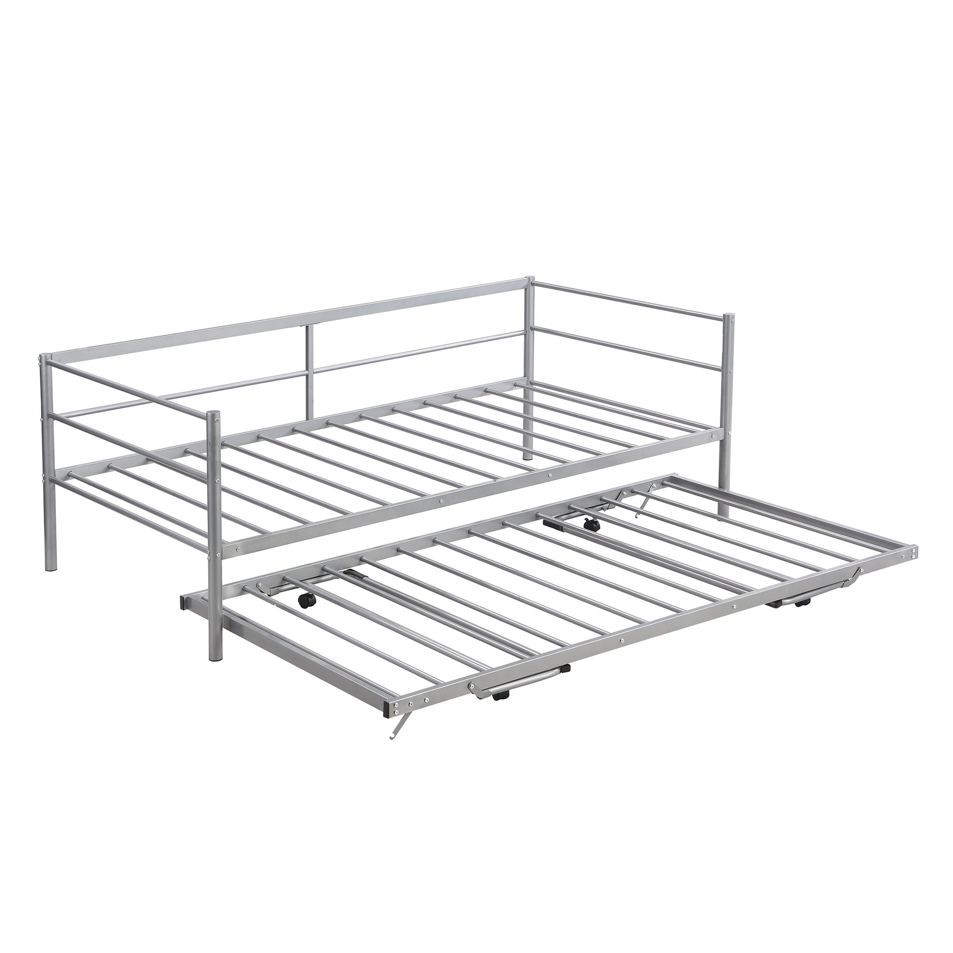 Twin Size Metal Daybed With Adjustable Trundle, Pop Up Trundle, Silver Silver Metal