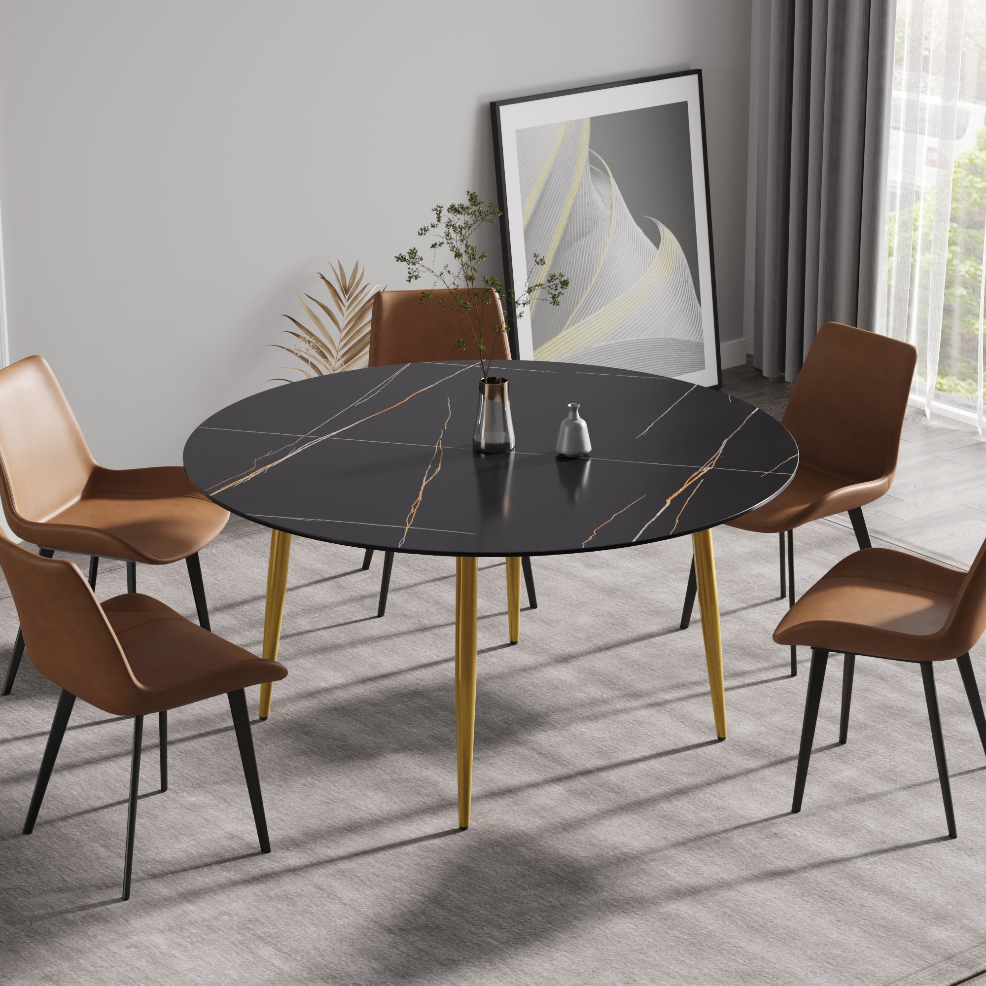 59.05"Modern Man Made Stone Round Golden Metal Dining Table Position For 6 People Golden Black Metal Sintered Stone