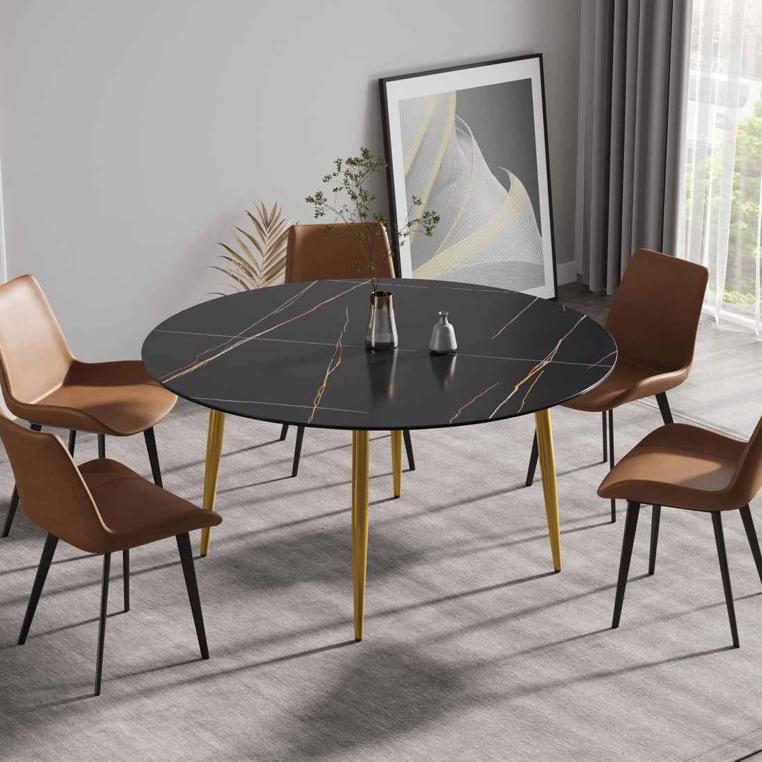 59.05"Modern Man Made Stone Round Golden Metal Dining Table Position For 6 People Golden Black Metal Sintered Stone