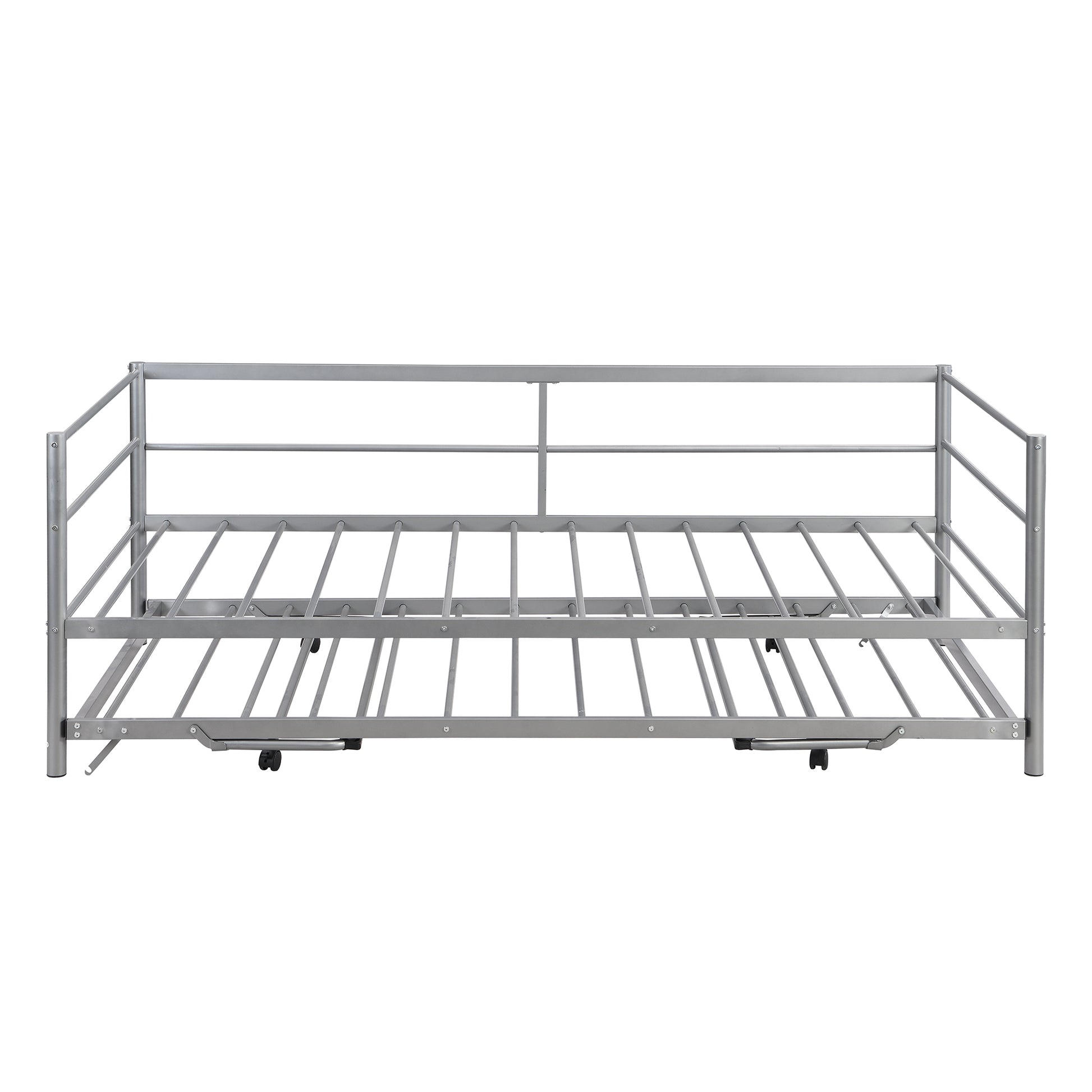 Twin Size Metal Daybed With Adjustable Trundle, Pop Up Trundle, Silver Silver Metal