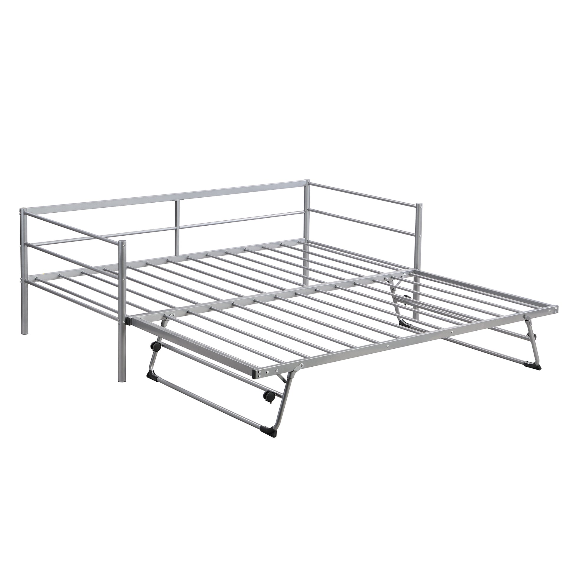 Twin Size Metal Daybed With Adjustable Trundle, Pop Up Trundle, Silver Silver Metal