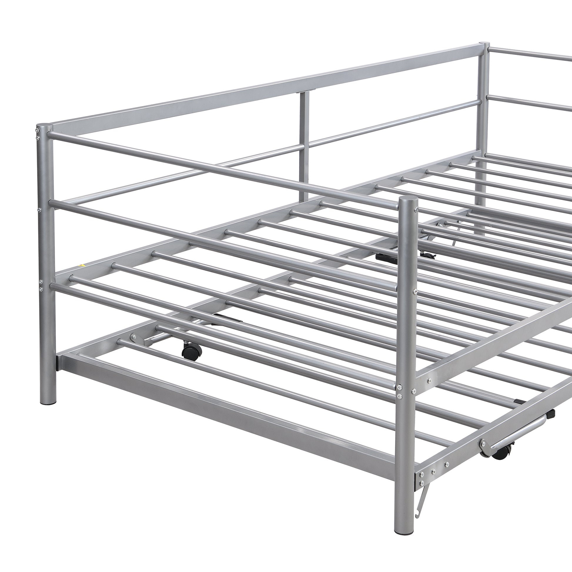 Twin Size Metal Daybed With Adjustable Trundle, Pop Up Trundle, Silver Silver Metal