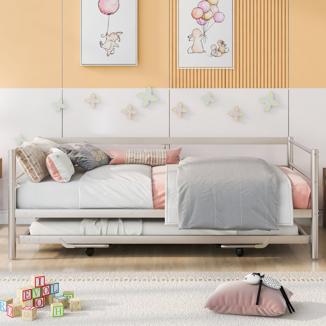 Twin Size Metal Daybed With Adjustable Trundle, Pop Up Trundle, Silver Silver Metal