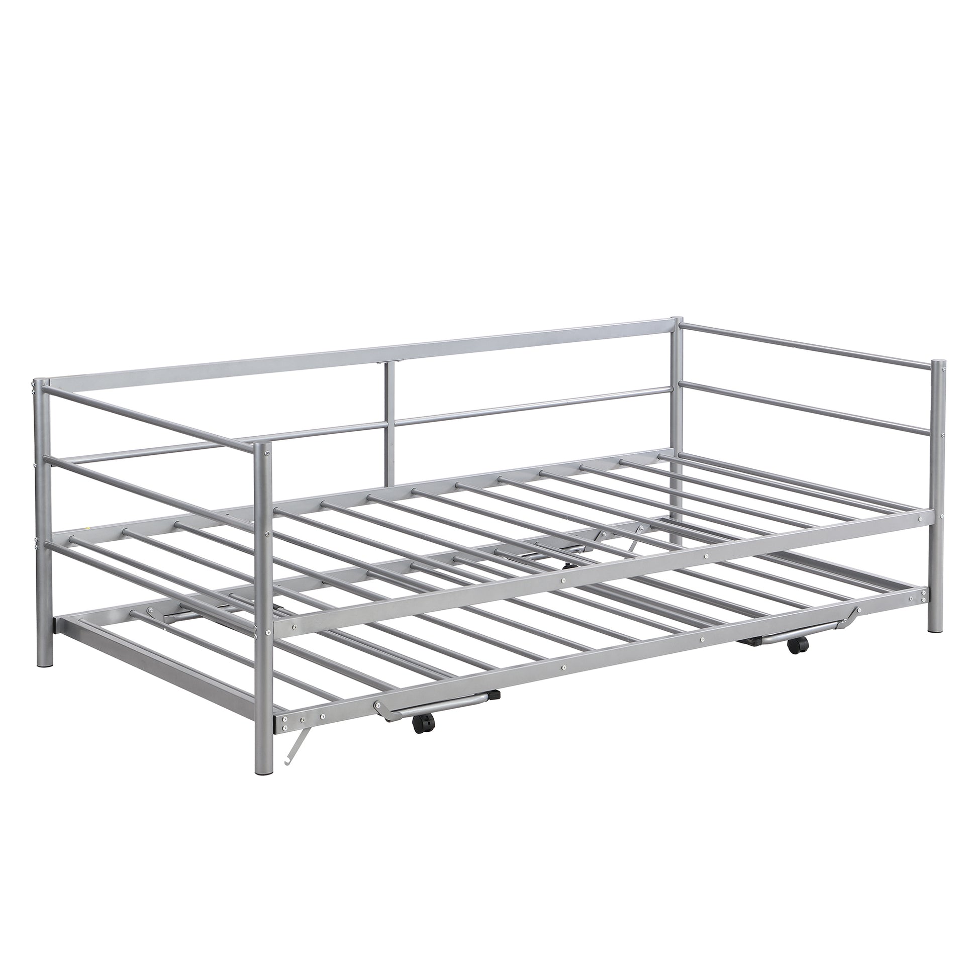 Twin Size Metal Daybed With Adjustable Trundle, Pop Up Trundle, Silver Silver Metal