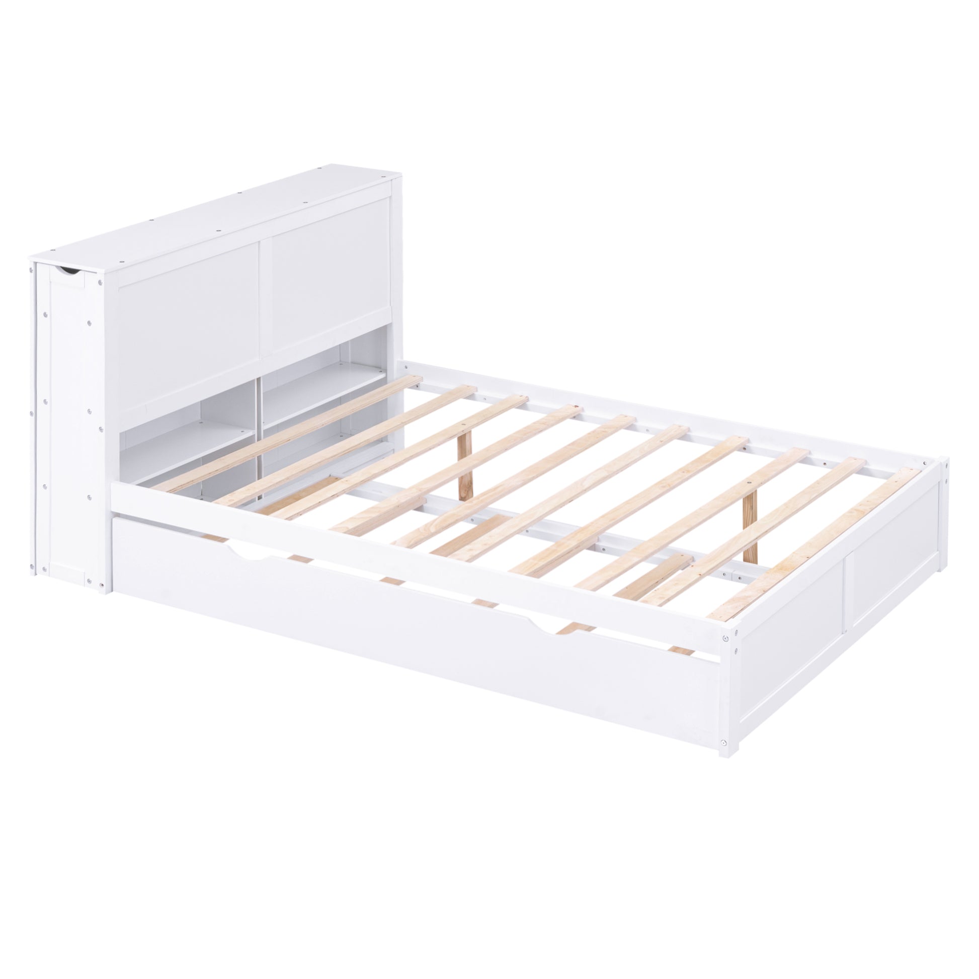 Full Size Storage Platform Bed With Pull Out Shelves And Twin Size Trundle, White White Solid Wood Mdf