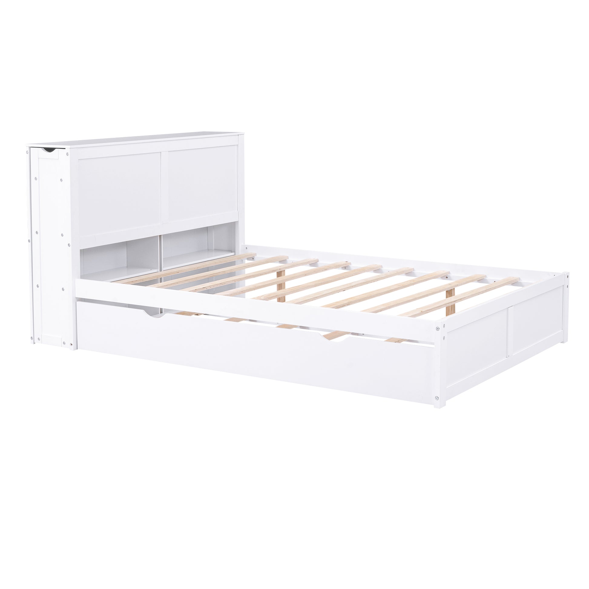 Full Size Storage Platform Bed With Pull Out Shelves And Twin Size Trundle, White White Solid Wood Mdf