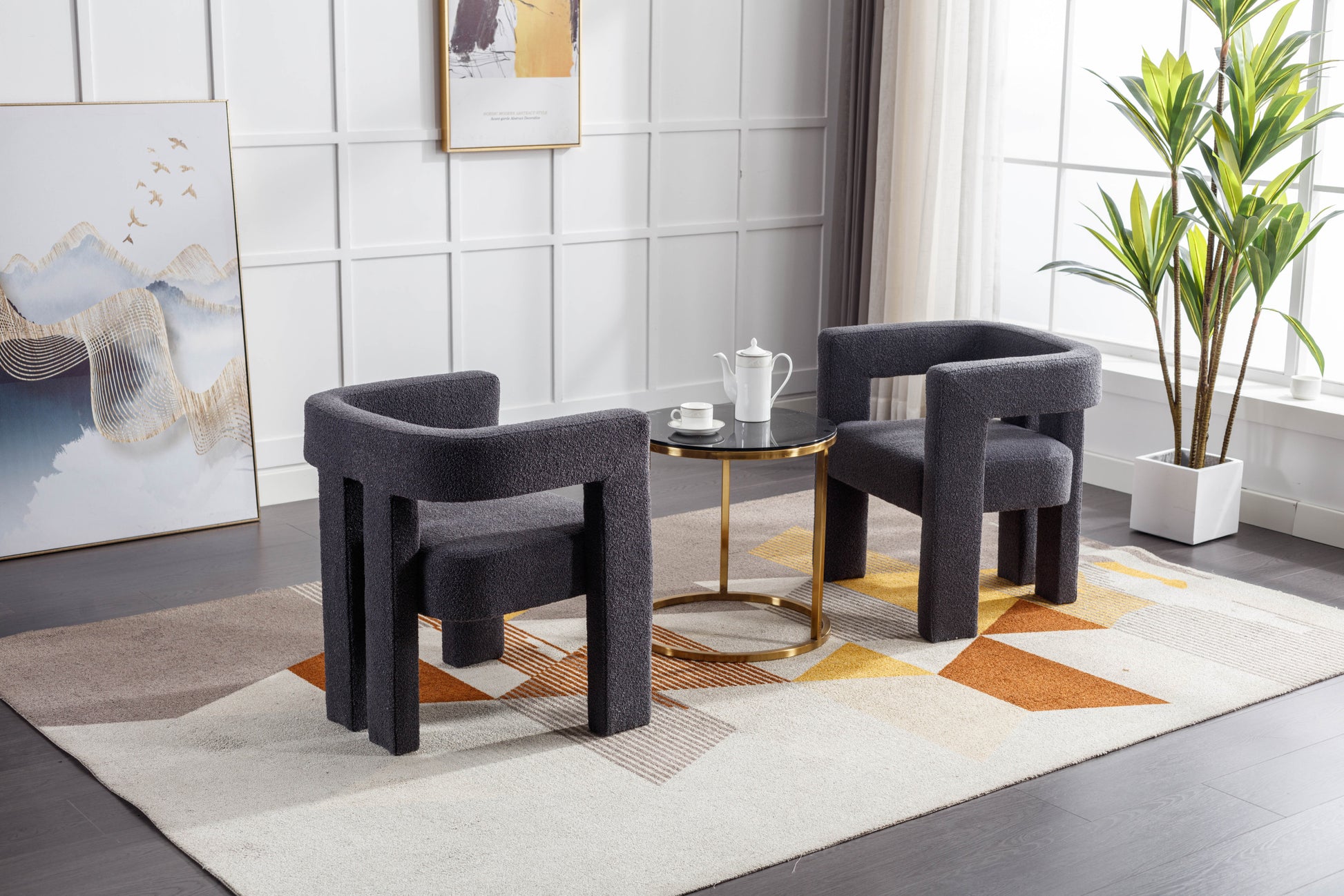 Coolmore Contemporary Designed Fabric Upholstered Accent Dining Chair Barrel Side Chairs Kitchen Armchair For Living Room 2Pc Set Carbon Black Boucle