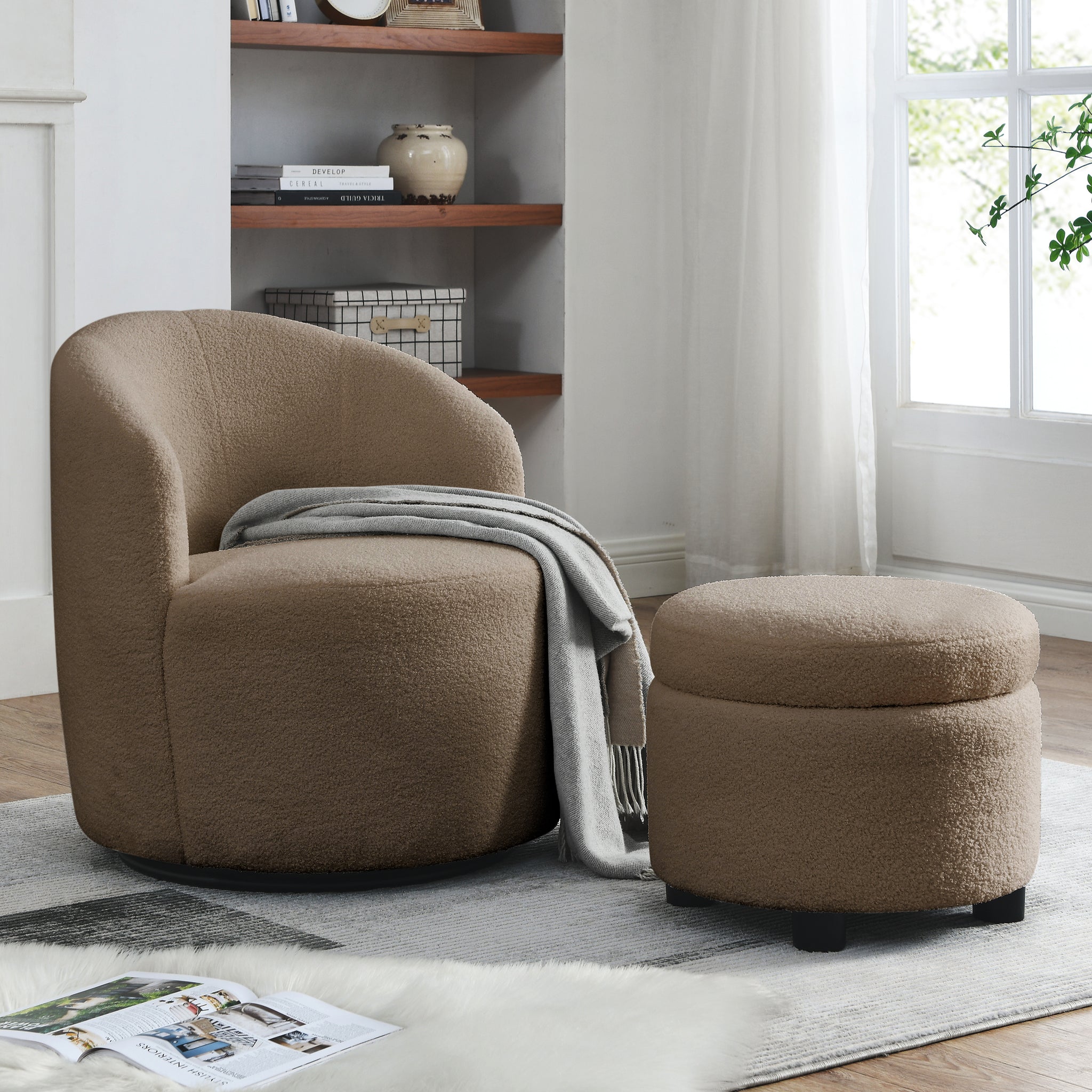 Video Welike Swivel Barrel Chair, Living Room Swivel Chair With Round Storage Chair, 360 Swivel Club Chair, Nursery, Bedroom, Office, Hotel With Upholstered Modern Armchair, Teddy Fabric Coffee Foam Fabric