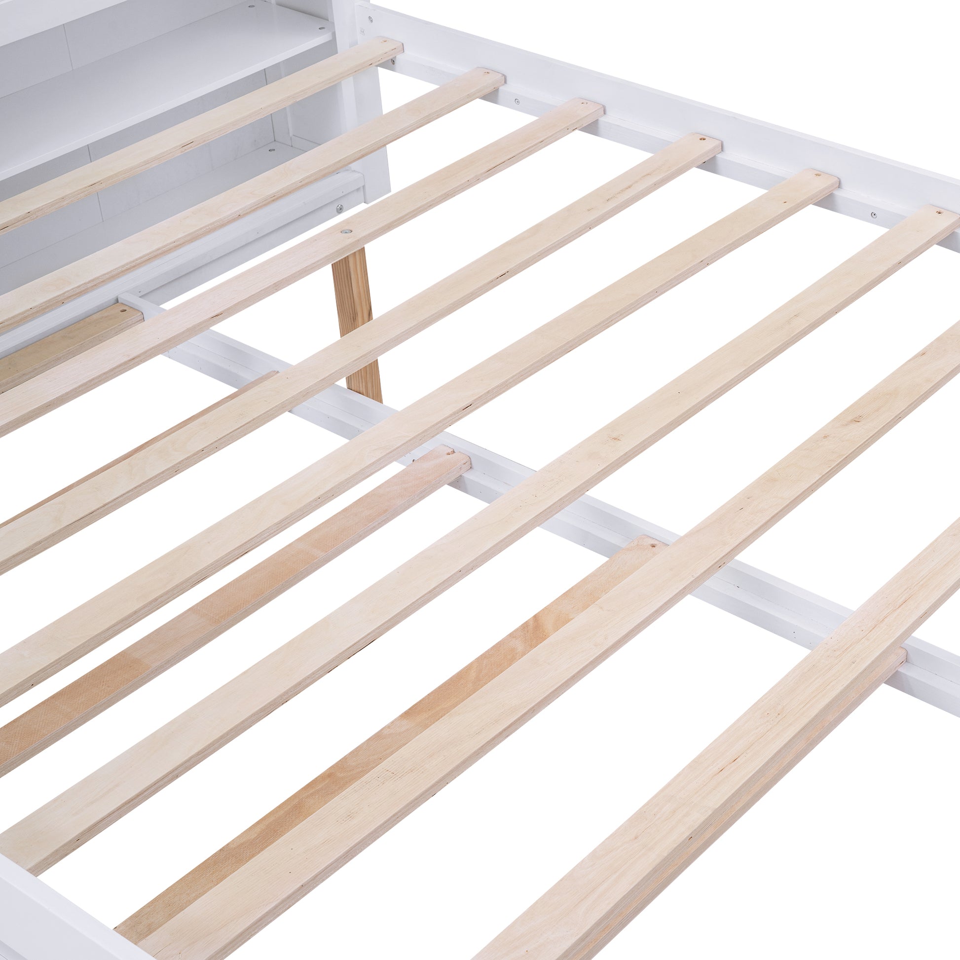 Queen Size Storage Platform Bed With Pull Out Shelves And Twin Xl Size Trundle, White White Solid Wood Mdf