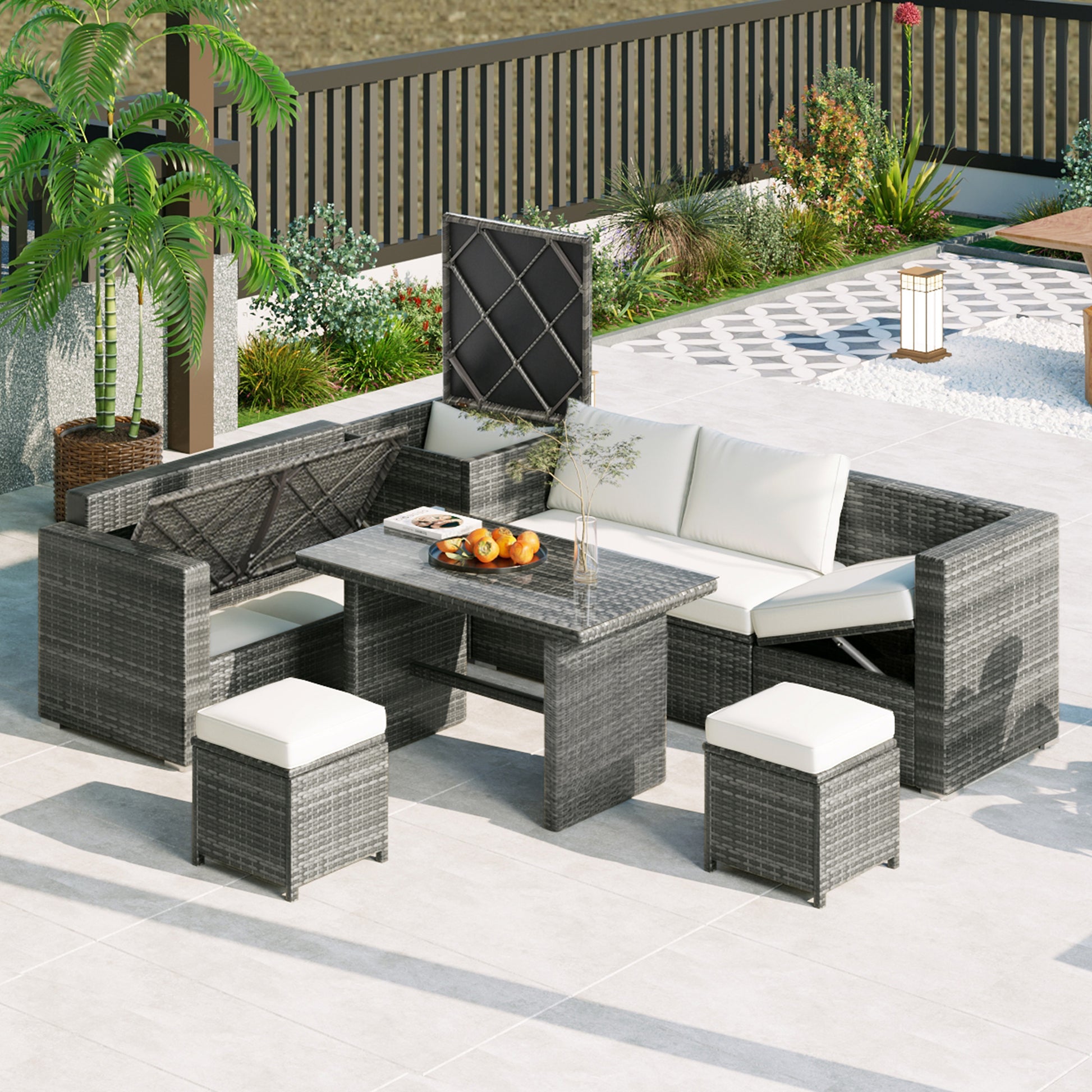 Outdoor 6 Piece All Weather Pe Rattan Sofa Set, Garden Patio Wicker Sectional Furniture Set With Adjustable Seat, Storage Box, Removable Covers And Tempered Glass Top Table, Beige Yes Complete Patio Set Beige Water Resistant Frame Water Resistant Cushion