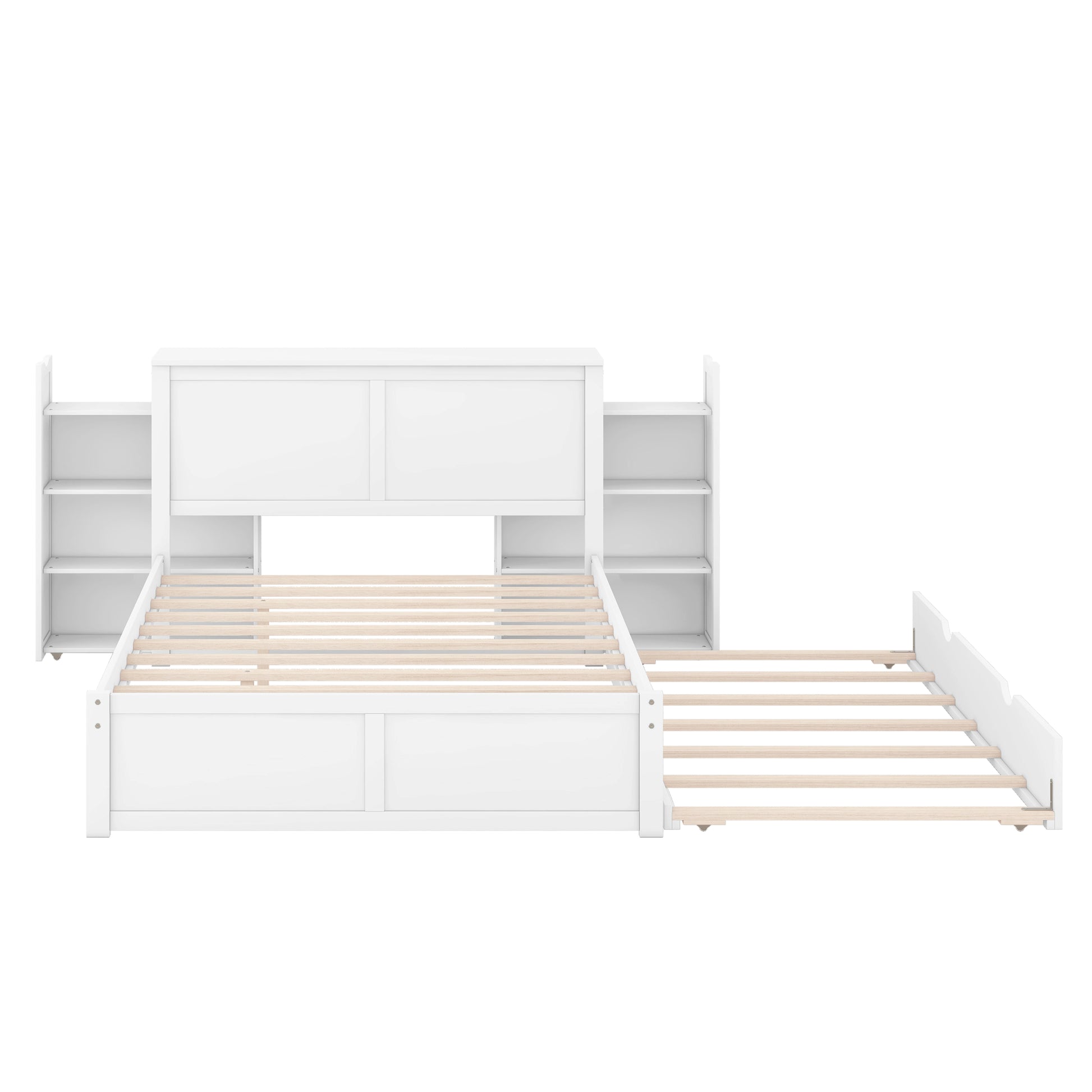 Full Size Storage Platform Bed With Pull Out Shelves And Twin Size Trundle, White White Solid Wood Mdf