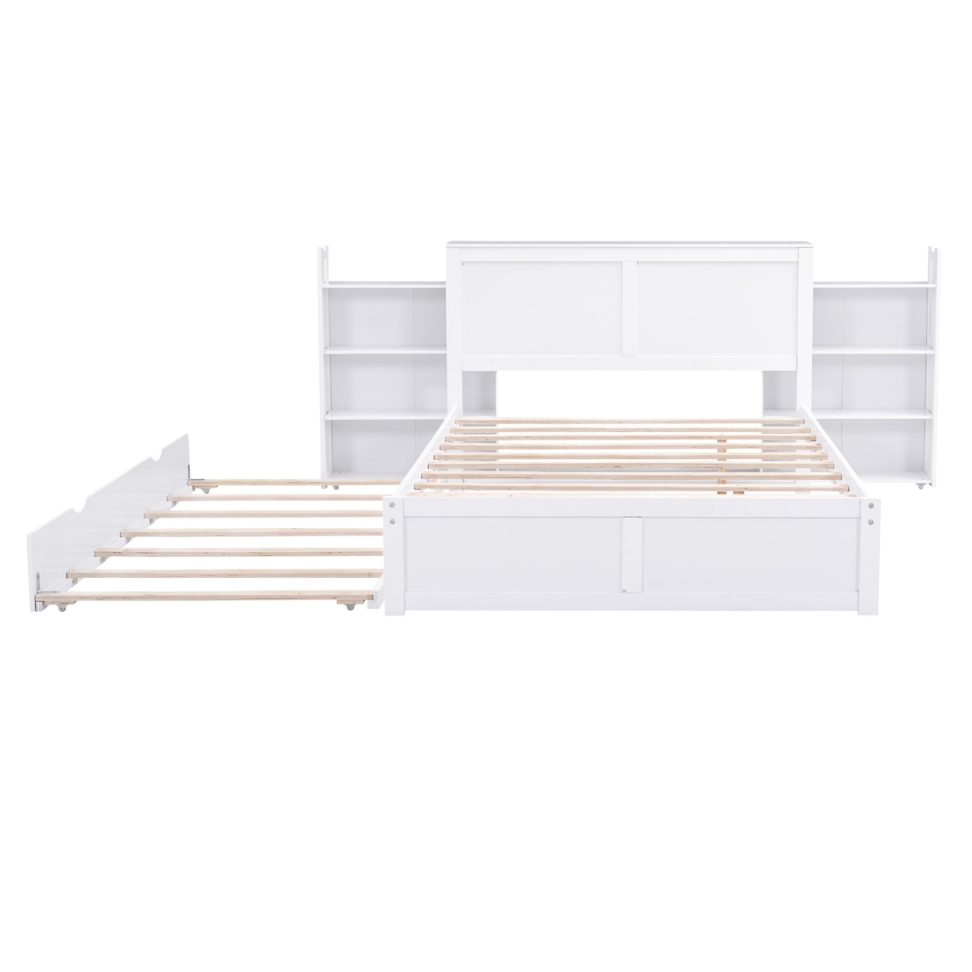 Full Size Storage Platform Bed With Pull Out Shelves And Twin Size Trundle, White White Solid Wood Mdf