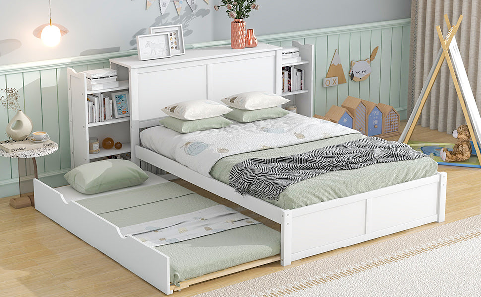 Full Size Storage Platform Bed With Pull Out Shelves And Twin Size Trundle, White White Solid Wood Mdf