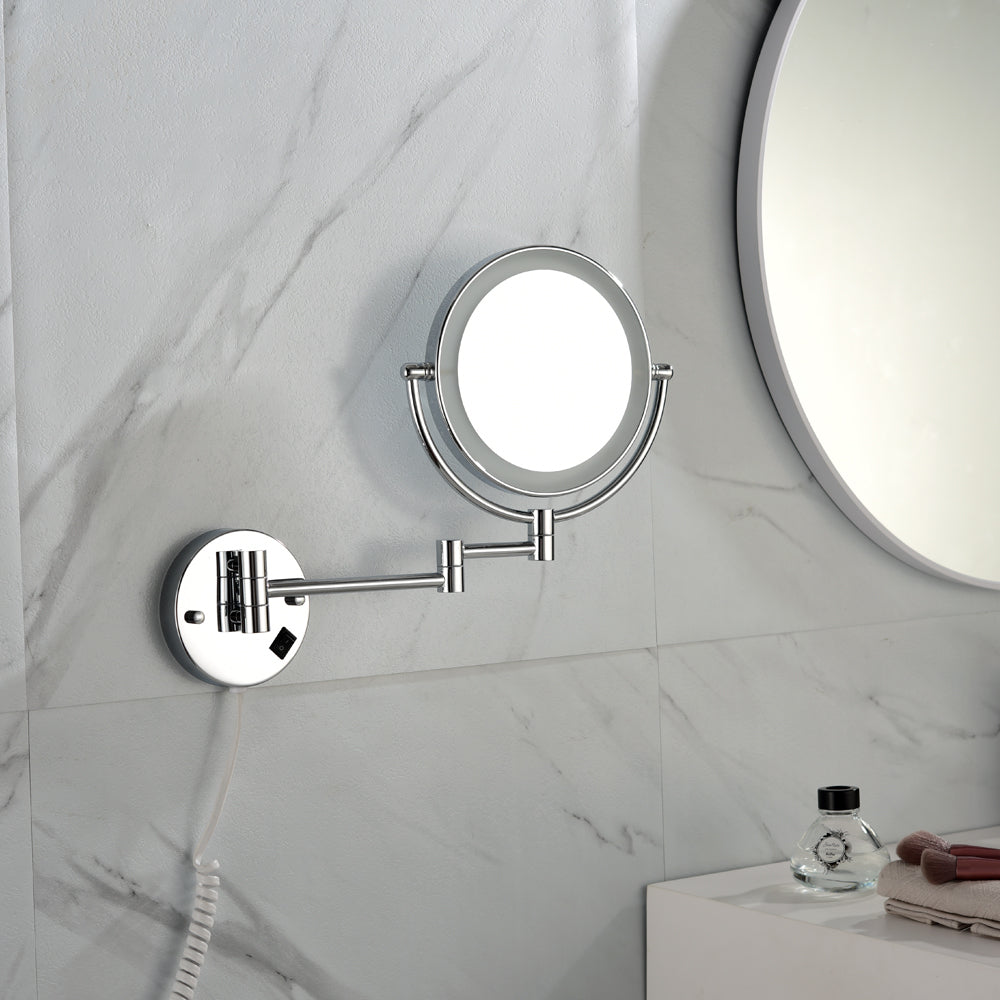 8 Inch Led Wall Mount Two Sided Magnifying Makeup Vanity Mirror 12 Inch Extension Matte Black 1X 3X Magnification Plug 360 Degree Rotation Waterproof Button Shaving Mirror Chrome Stainless Steel