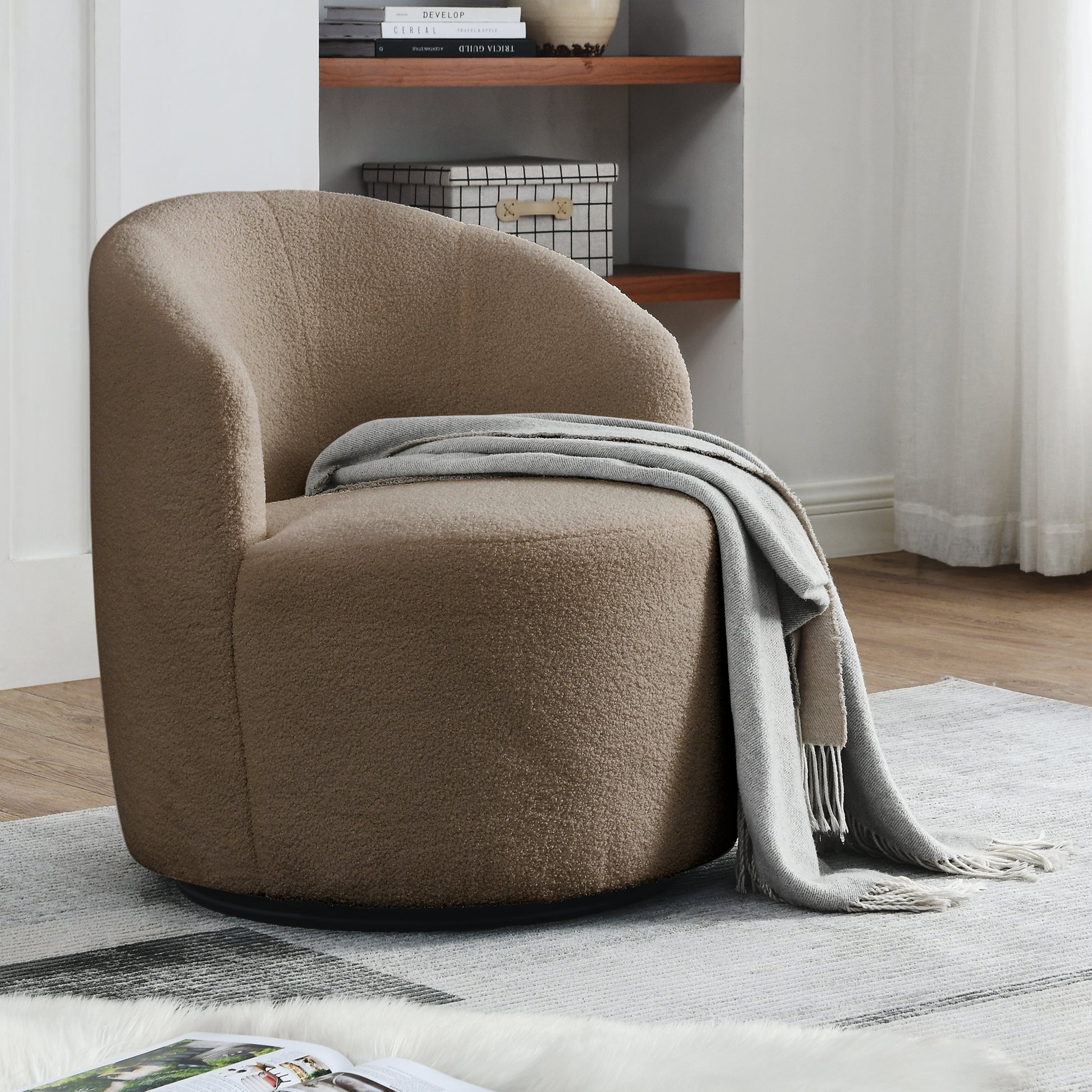 Video Welike Swivel Barrel Chair, Living Room Swivel Chair With Round Storage Chair, 360 Swivel Club Chair, Nursery, Bedroom, Office, Hotel With Upholstered Modern Armchair, Teddy Fabric Coffee Foam Fabric
