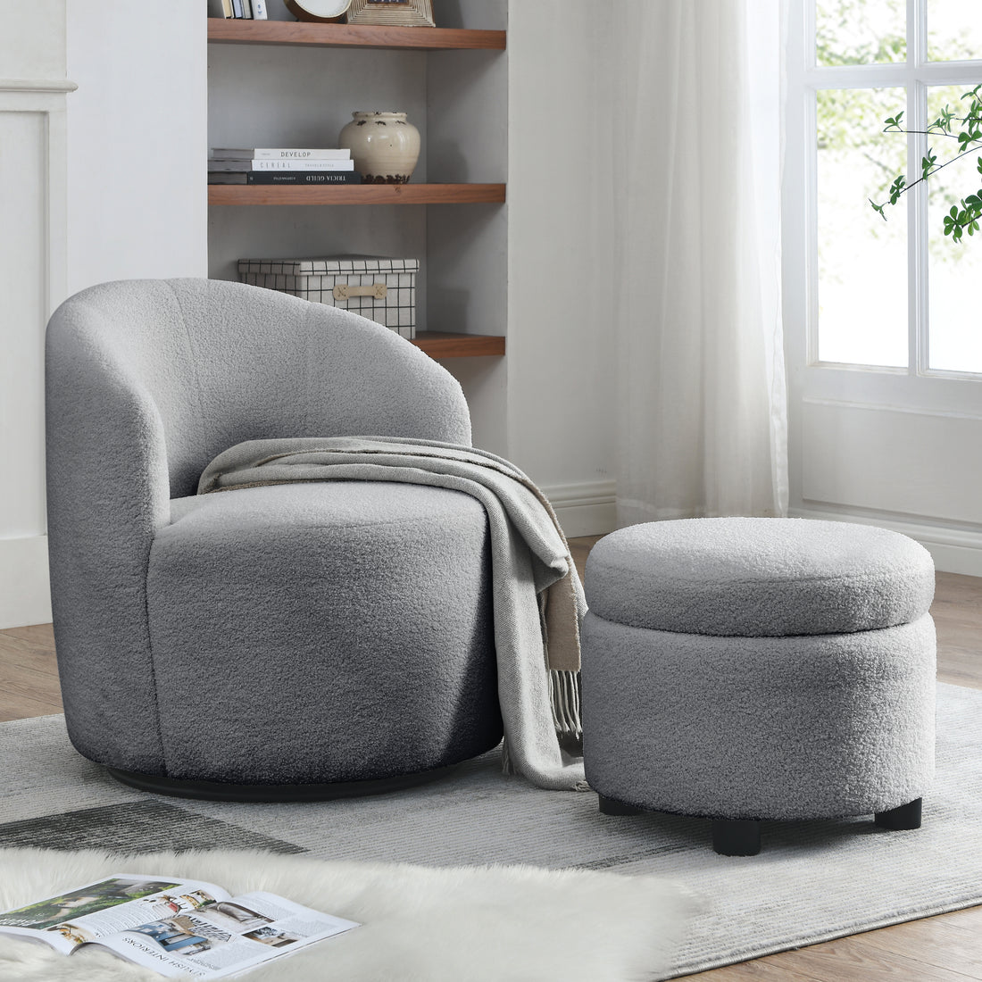 Video Welike Swivel Barrel Chair, Living Room Swivel Chair With Round Storage Chair, 360 Swivel Club Chair, Nursery, Bedroom, Office, Hotel With Upholstered Modern Armchair, Teddy Fabric Grey Teddy Foam Fabric