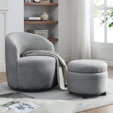 Video Welike Swivel Barrel Chair, Living Room Swivel Chair With Round Storage Chair, 360 Swivel Club Chair, Nursery, Bedroom, Office, Hotel With Upholstered Modern Armchair, Teddy Fabric Grey Teddy Foam Fabric