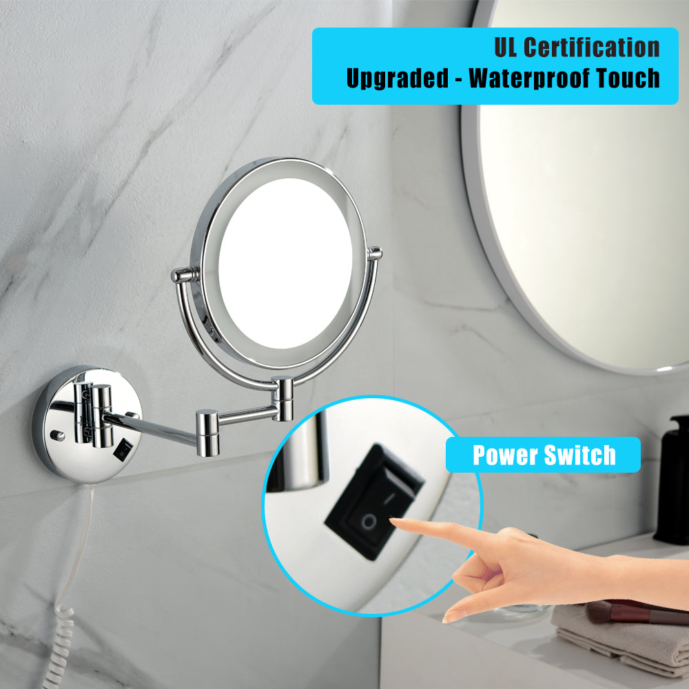 8 Inch Led Wall Mount Two Sided Magnifying Makeup Vanity Mirror 12 Inch Extension Matte Black 1X 3X Magnification Plug 360 Degree Rotation Waterproof Button Shaving Mirror Chrome Stainless Steel