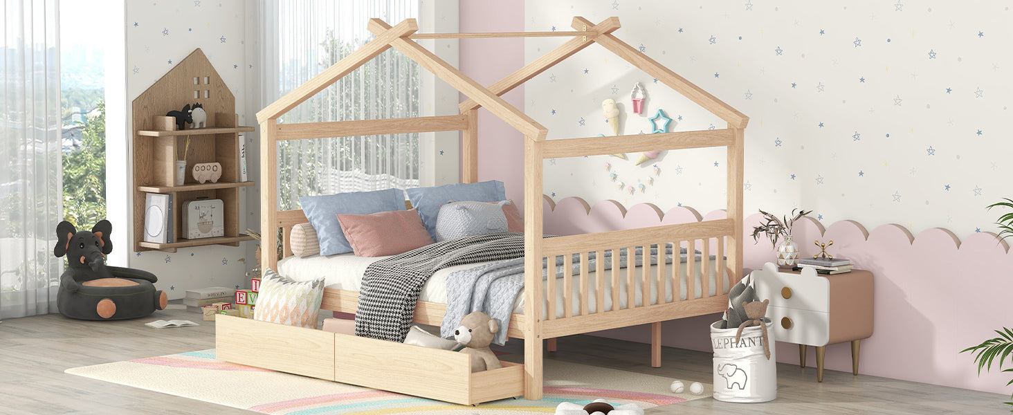 Full Size Wooden House Bed With Drawers, Natural Natural Solid Wood Mdf