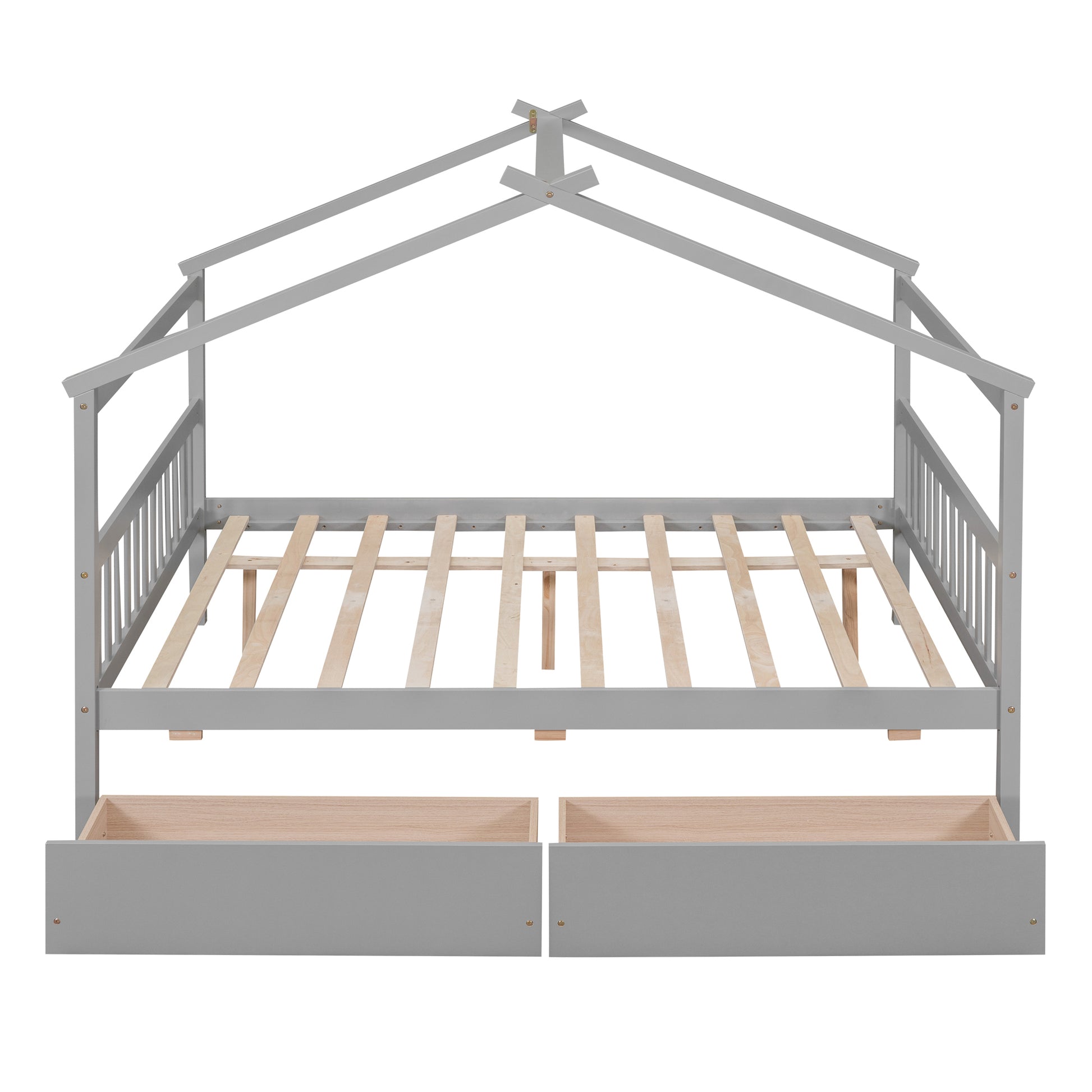 Full Size Wooden House Bed With Drawers, Gray Gray Solid Wood Mdf