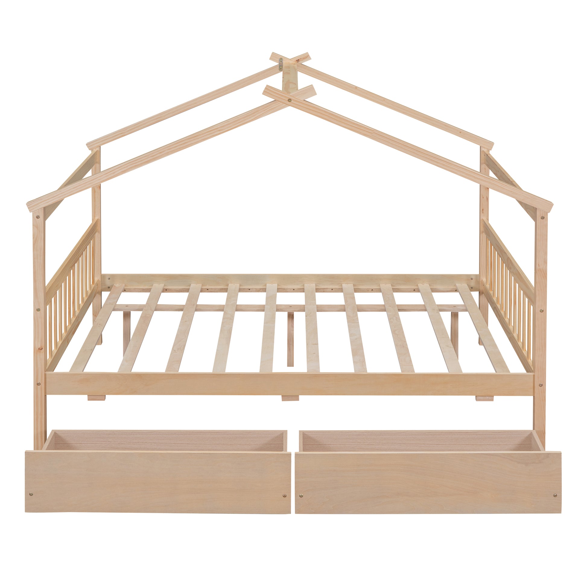 Full Size Wooden House Bed With Drawers, Natural Natural Solid Wood Mdf
