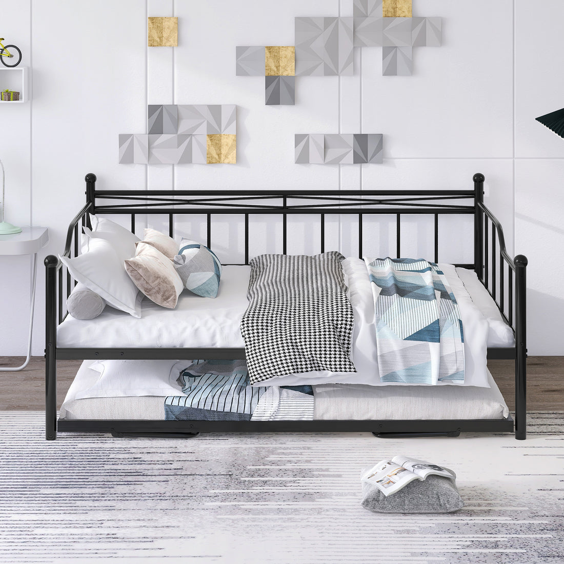 Full Size Metal Daybed With Twin Size Adjustable Trundle, Portable Folding Trundle, Black Old Sku:Mf293736Aab Black Steel
