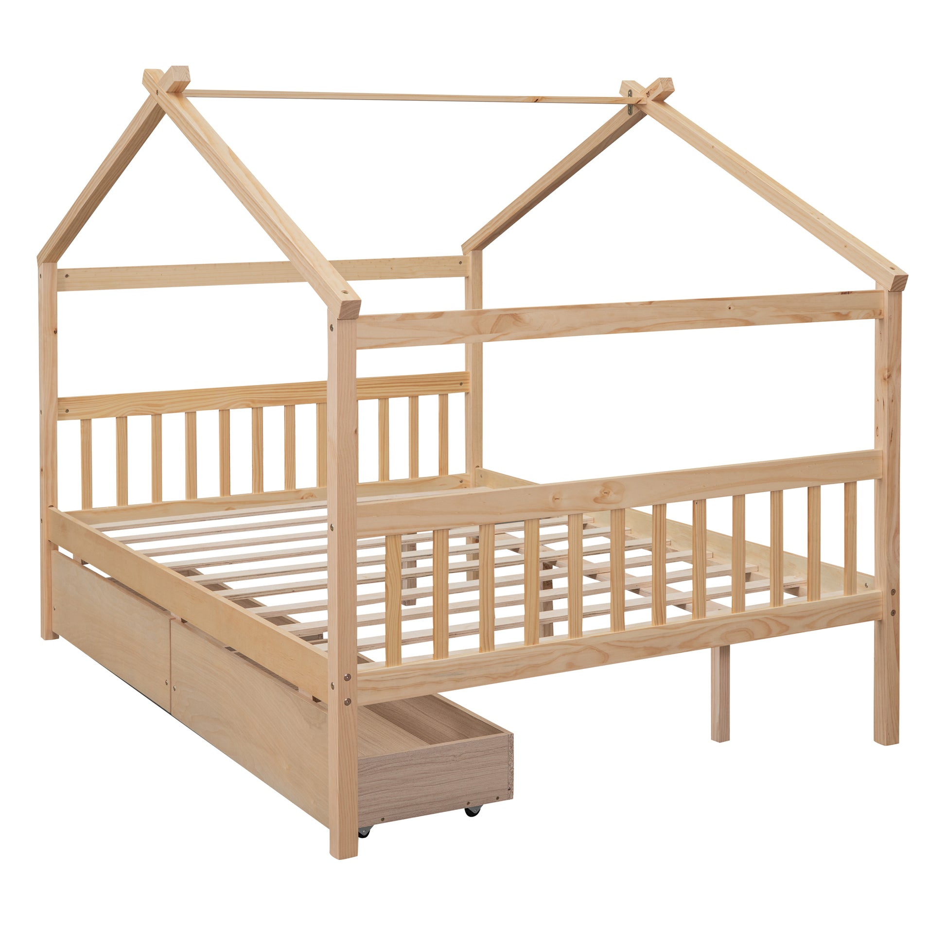 Full Size Wooden House Bed With Drawers, Natural Natural Solid Wood Mdf