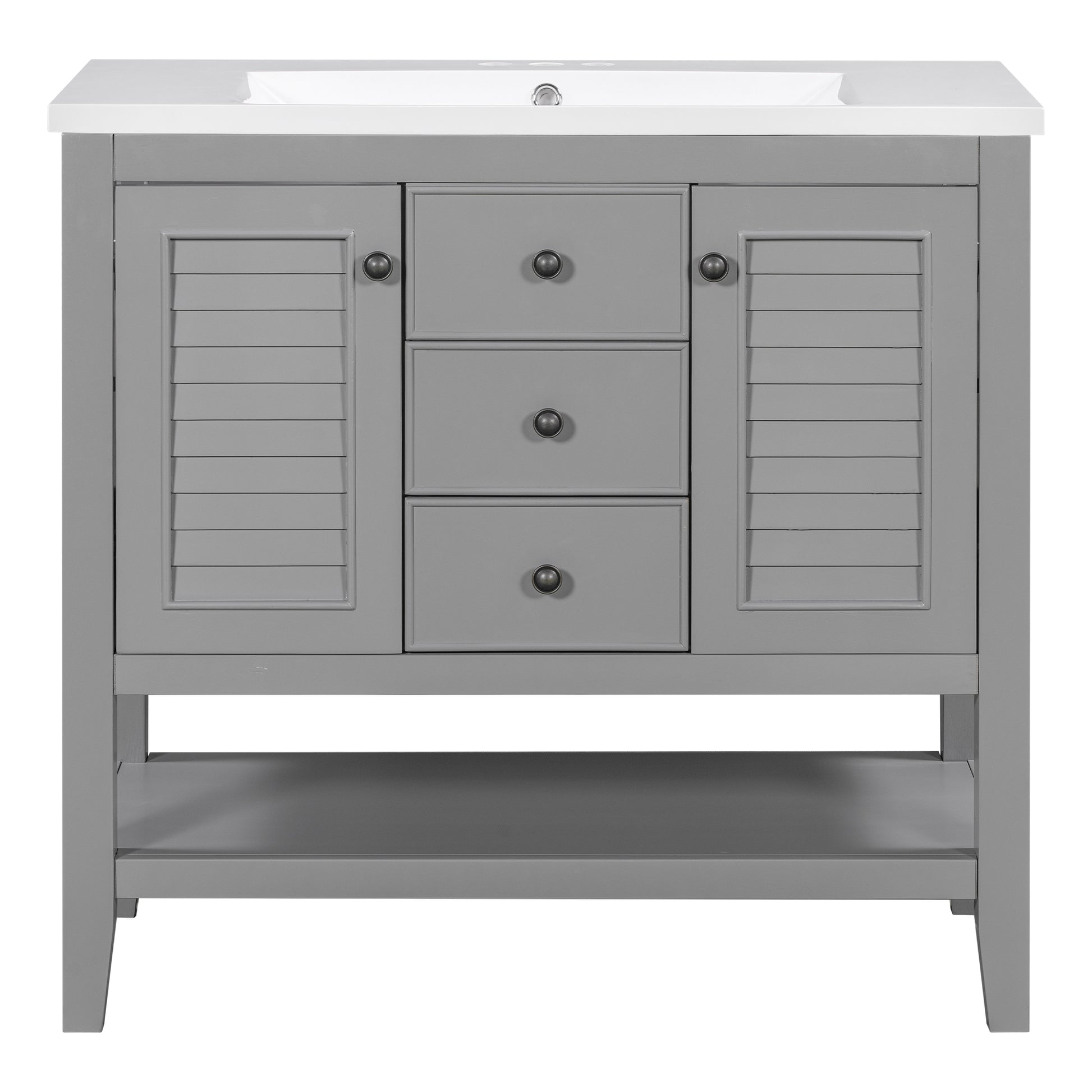 36" Bathroom Vanity With Ceramic Basin, Two Cabinets And Drawers, Open Shelf, Solid Wood Frame, Grey Old Sku: Sy999101Aae 1 Grey Solid Wood Mdf