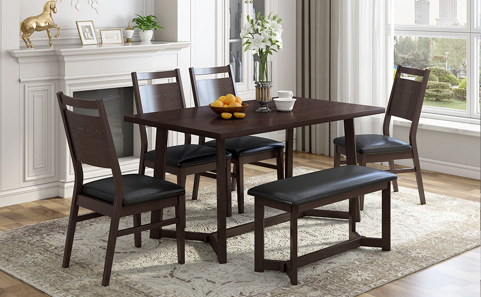 Farmhouse 6 Piece Wood Dining Table Set With 4 Upholstered Chairs And Bench, Dark Brown Brown Wood Dining Room Bench Seating Rubberwood Rectangular Dining Table With Chair And Bench Upholstered Chair Wood Dark Brown Solid Back Seats 6 Farmhouse Trestle