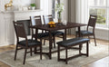 Farmhouse 6 Piece Wood Dining Table Set With 4 Upholstered Chairs And Bench, Dark Brown Brown Wood Dining Room Bench Seating Rubberwood Rectangular Dining Table With Chair And Bench Upholstered Chair Wood Dark Brown Solid Back Seats 6 Farmhouse Trestle