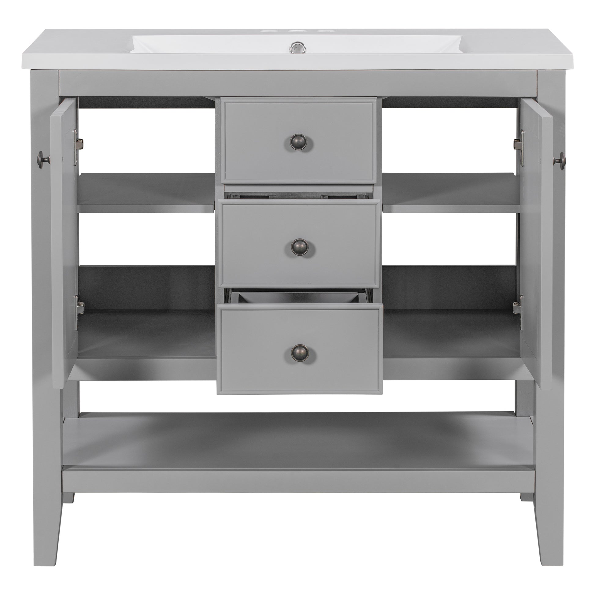 36" Bathroom Vanity With Ceramic Basin, Two Cabinets And Drawers, Open Shelf, Solid Wood Frame, Grey Old Sku: Sy999101Aae 1 Grey Solid Wood Mdf