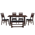 Farmhouse 6 Piece Wood Dining Table Set With 4 Upholstered Chairs And Bench, Dark Brown Brown Wood Dining Room Bench Seating Rubberwood Rectangular Dining Table With Chair And Bench Upholstered Chair Wood Dark Brown Solid Back Seats 6 Farmhouse Trestle