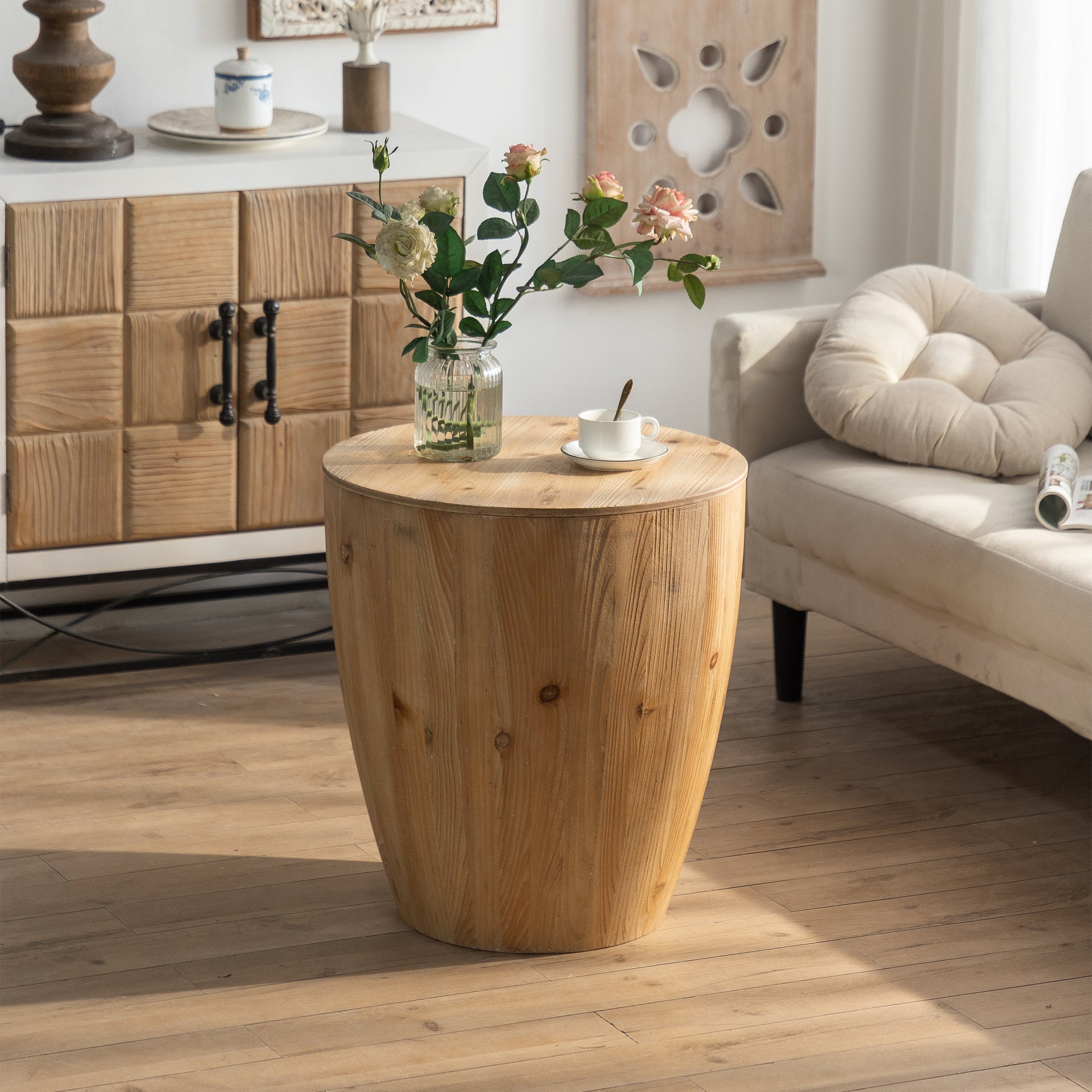 21.06"Vintage Style Bucket Shaped Coffee Table For Office, Dining Room And Living Room Natural Solid Wood Mdf