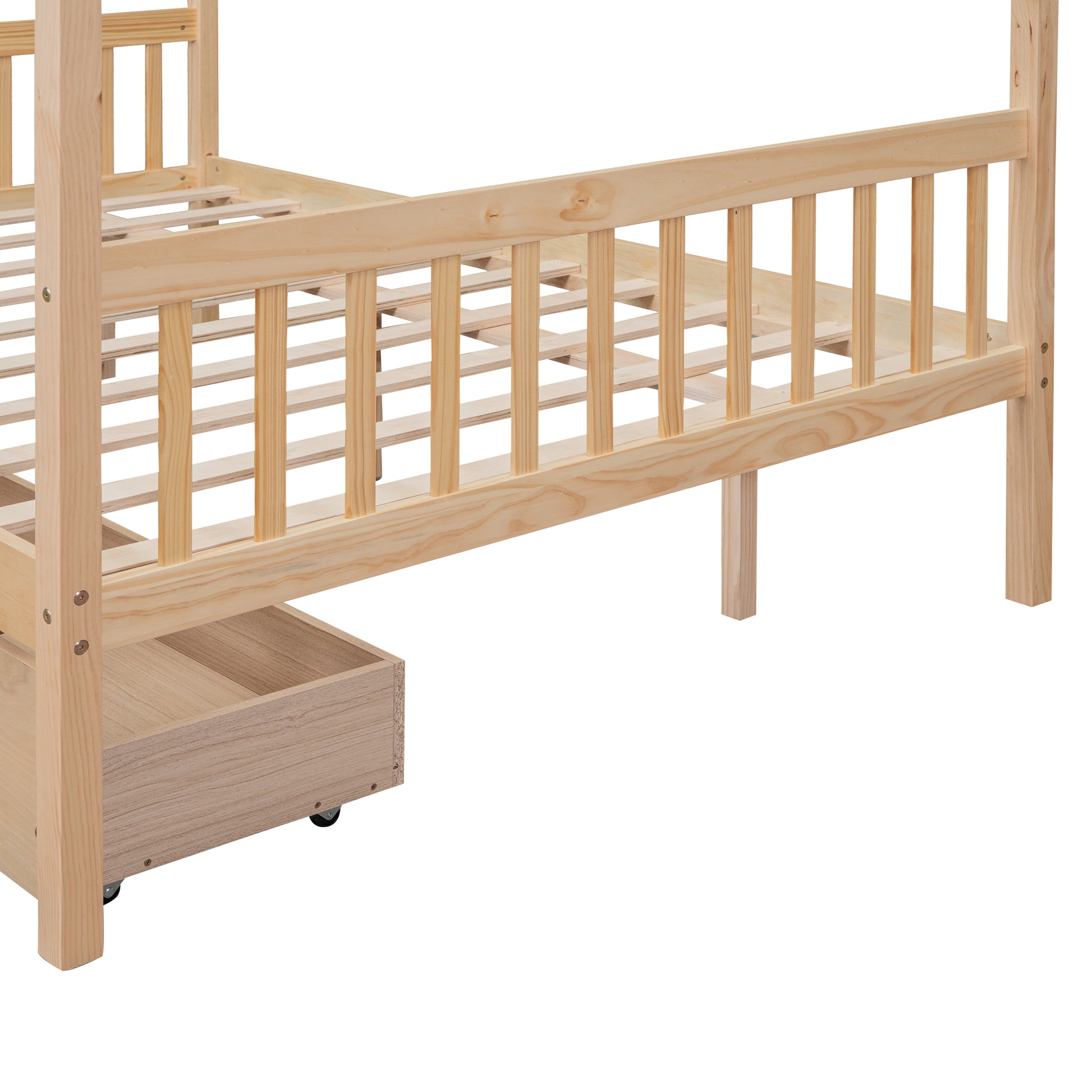 Full Size Wooden House Bed With Drawers, Natural Natural Solid Wood Mdf