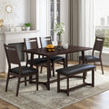Farmhouse 6 Piece Wood Dining Table Set With 4 Upholstered Chairs And Bench, Dark Brown Brown Wood Dining Room Bench Seating Rubberwood Rectangular Dining Table With Chair And Bench Upholstered Chair Wood Dark Brown Solid Back Seats 6 Farmhouse Trestle