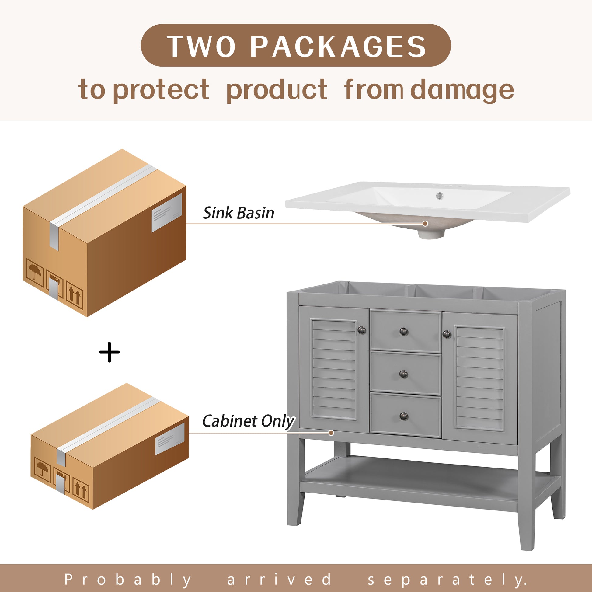 36" Bathroom Vanity With Ceramic Basin, Two Cabinets And Drawers, Open Shelf, Solid Wood Frame, Grey Old Sku: Sy999101Aae 1 Grey Solid Wood Mdf