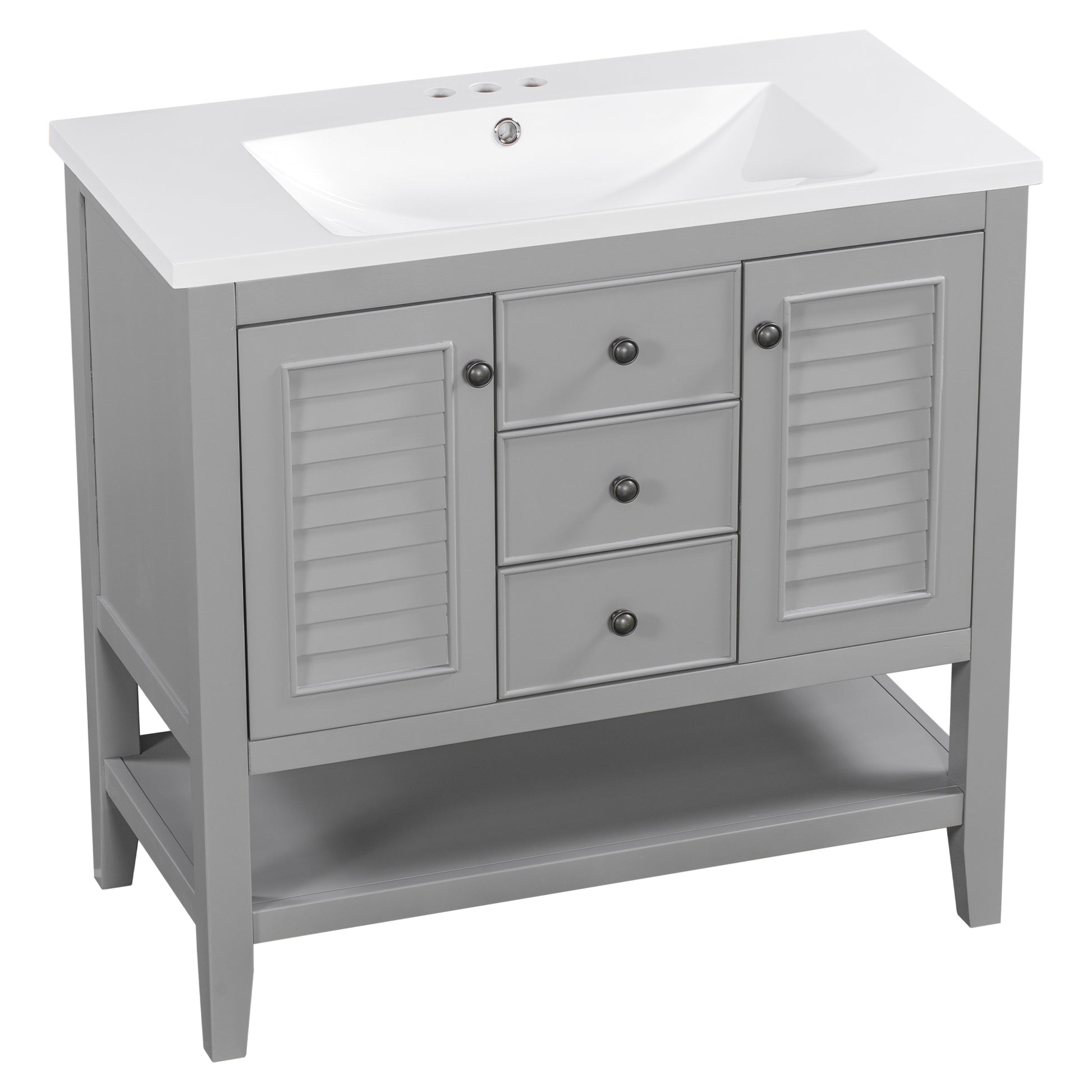 36" Bathroom Vanity With Ceramic Basin, Two Cabinets And Drawers, Open Shelf, Solid Wood Frame, Grey Old Sku: Sy999101Aae 1 Grey Solid Wood Mdf