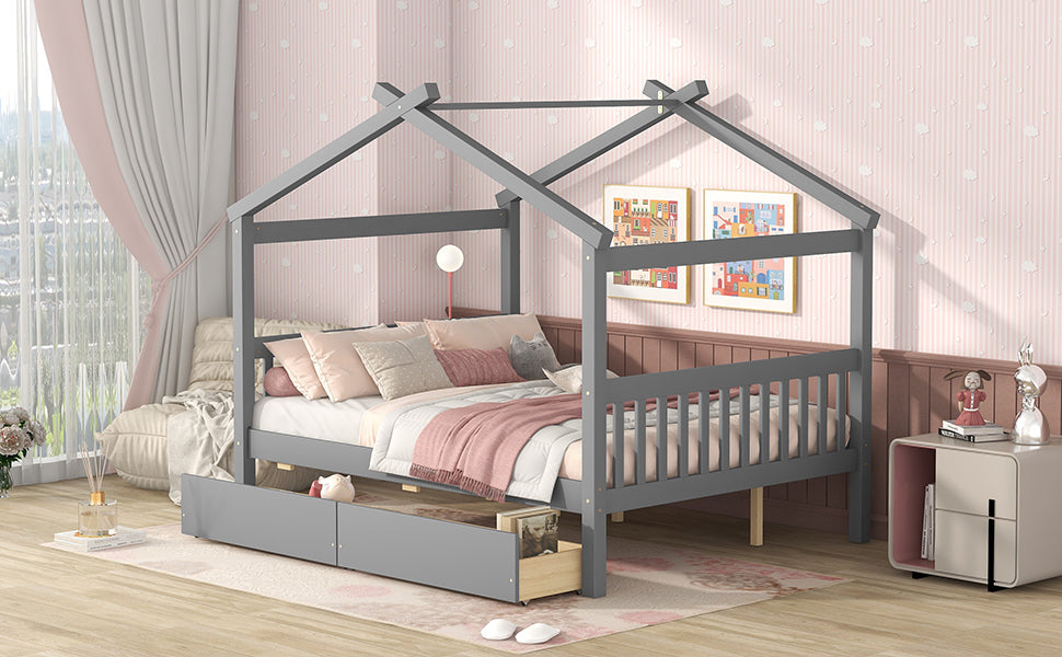 Full Size Wooden House Bed With Drawers, Gray Gray Solid Wood Mdf