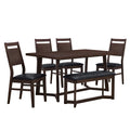 Farmhouse 6 Piece Wood Dining Table Set With 4 Upholstered Chairs And Bench, Dark Brown Brown Wood Dining Room Bench Seating Rubberwood Rectangular Dining Table With Chair And Bench Upholstered Chair Wood Dark Brown Solid Back Seats 6 Farmhouse Trestle