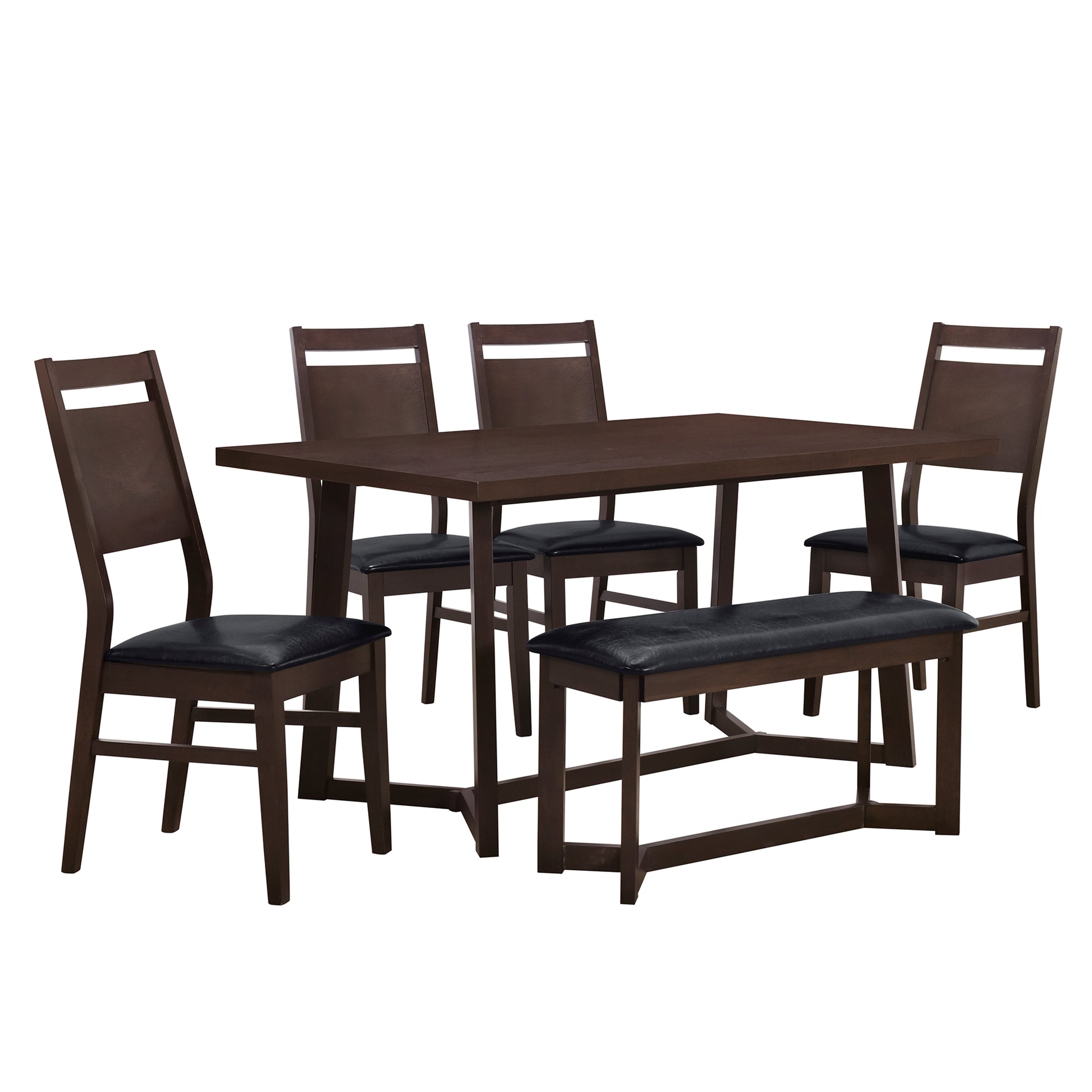 Farmhouse 6 Piece Wood Dining Table Set With 4 Upholstered Chairs And Bench, Dark Brown Brown Wood Dining Room Bench Seating Rubberwood Rectangular Dining Table With Chair And Bench Upholstered Chair Wood Dark Brown Solid Back Seats 6 Farmhouse Trestle