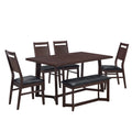 Farmhouse 6 Piece Wood Dining Table Set With 4 Upholstered Chairs And Bench, Dark Brown Brown Wood Dining Room Bench Seating Rubberwood Rectangular Dining Table With Chair And Bench Upholstered Chair Wood Dark Brown Solid Back Seats 6 Farmhouse Trestle