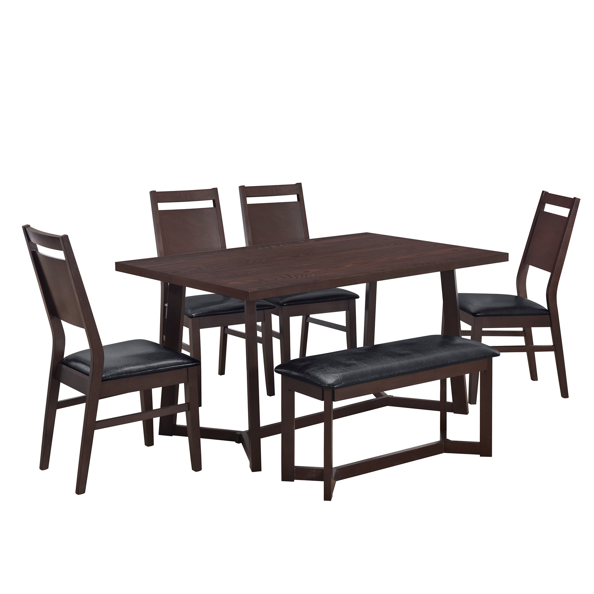 Farmhouse 6 Piece Wood Dining Table Set With 4 Upholstered Chairs And Bench, Dark Brown Brown Wood Dining Room Bench Seating Rubberwood Rectangular Dining Table With Chair And Bench Upholstered Chair Wood Dark Brown Solid Back Seats 6 Farmhouse Trestle