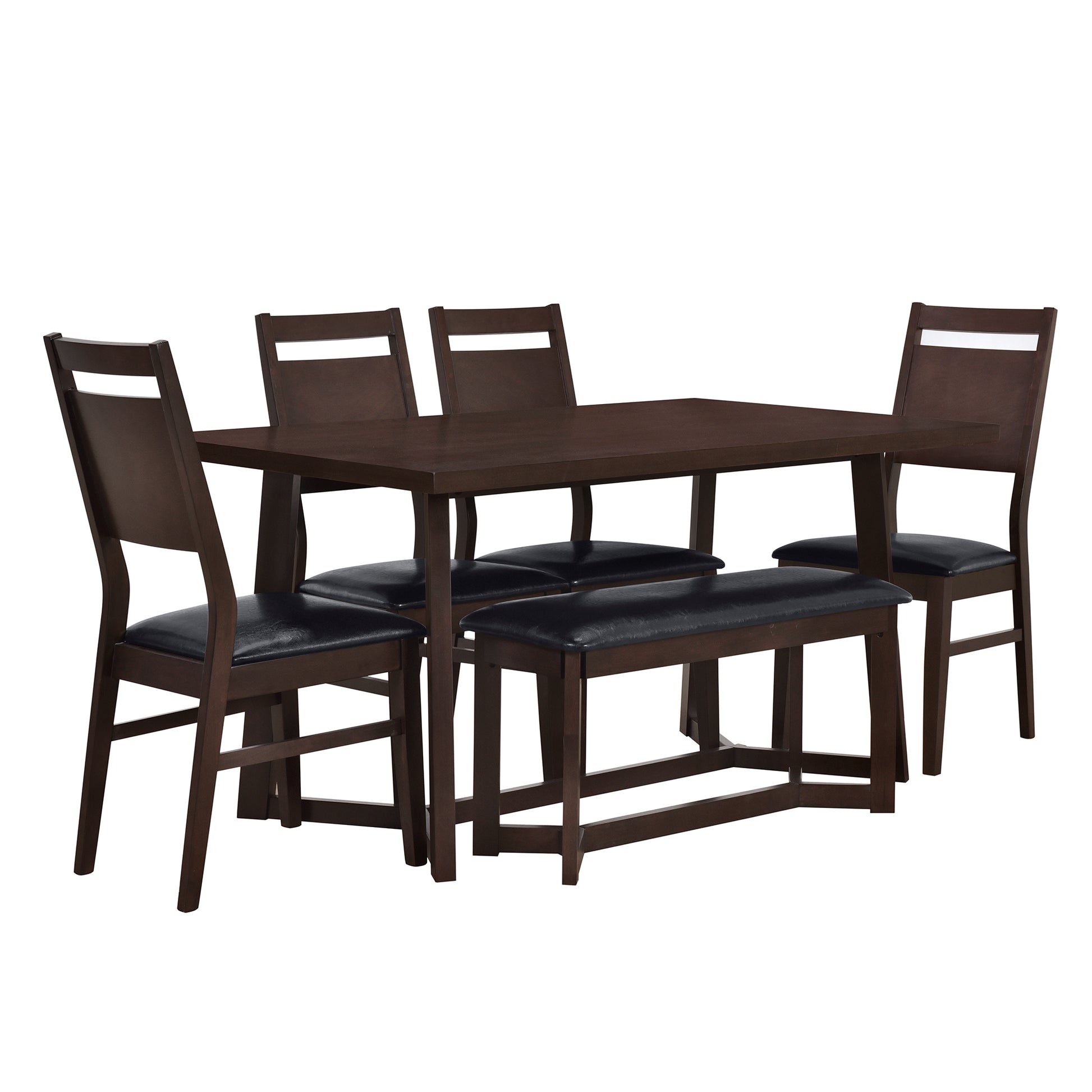 Farmhouse 6 Piece Wood Dining Table Set With 4 Upholstered Chairs And Bench, Dark Brown Brown Wood Dining Room Bench Seating Rubberwood Rectangular Dining Table With Chair And Bench Upholstered Chair Wood Dark Brown Solid Back Seats 6 Farmhouse Trestle