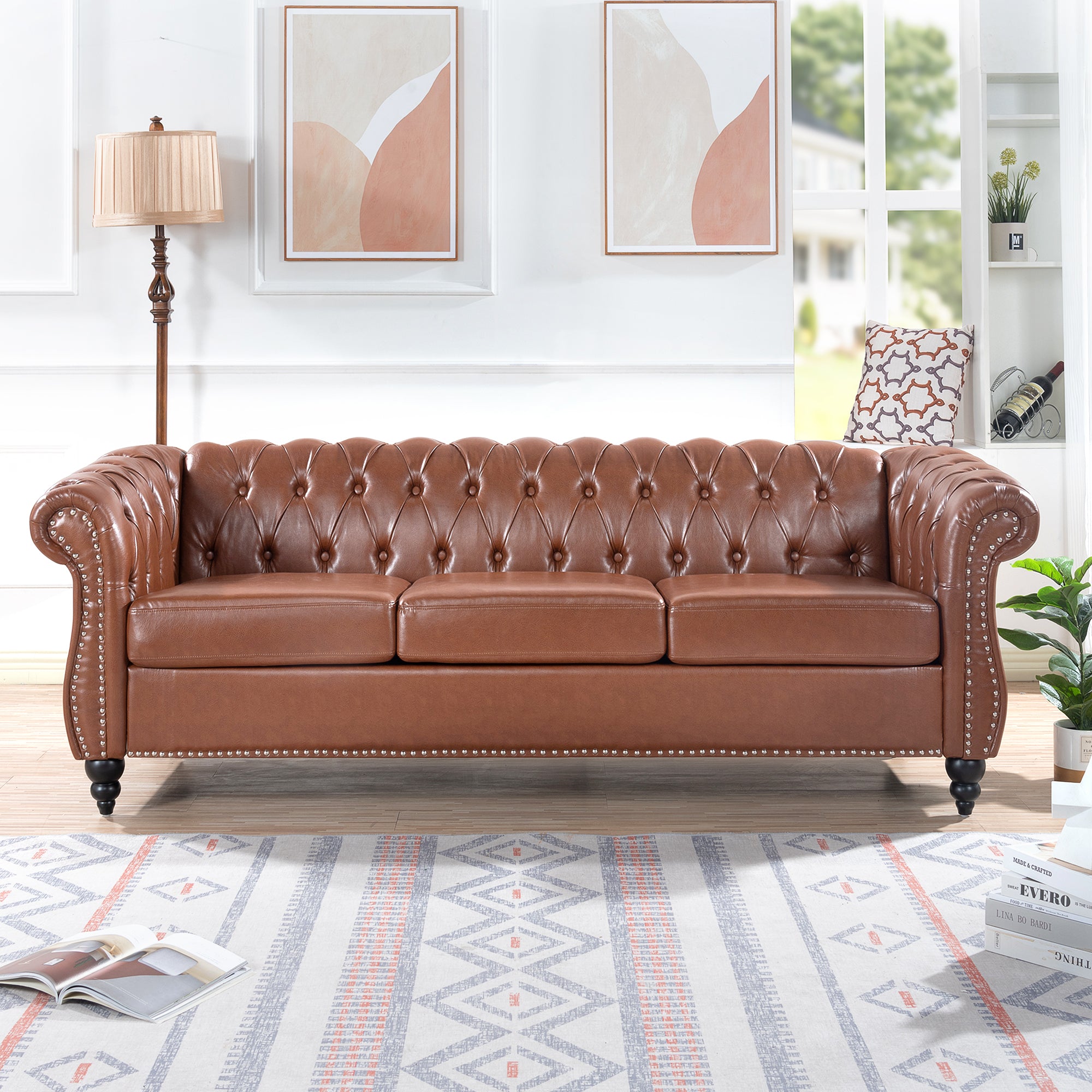 84.65"Brown Pu Rolled Arm Chesterfield Three Seater Sofa. Brown Foam Pu