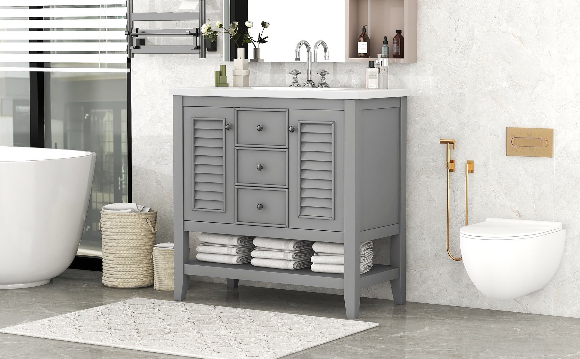 36" Bathroom Vanity With Ceramic Basin, Two Cabinets And Drawers, Open Shelf, Solid Wood Frame, Grey Old Sku: Sy999101Aae 1 Grey Solid Wood Mdf