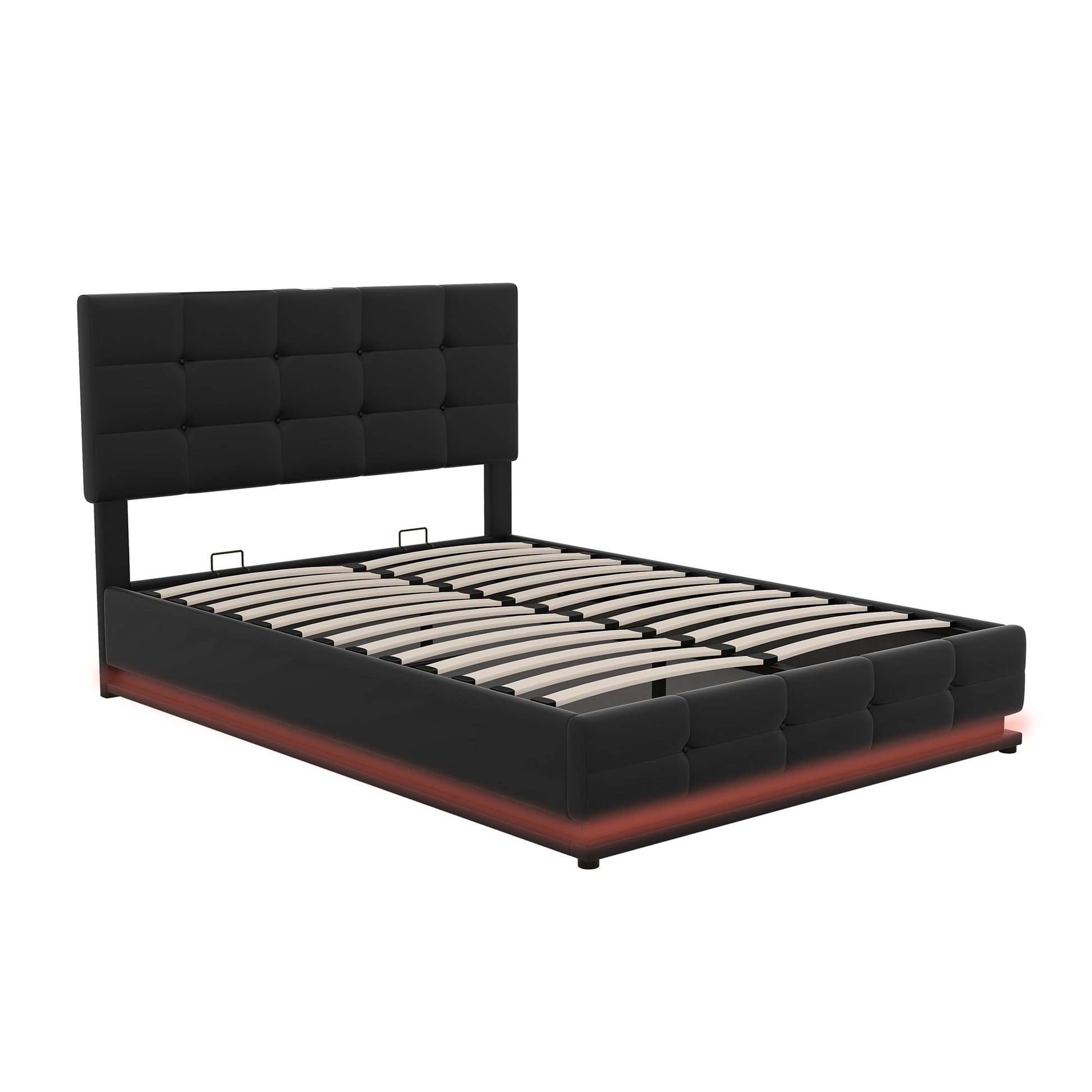 Full Size Tufted Upholstered Platform Bed With Hydraulic Storage System,Pu Storage Bed With Led Lights And Usb Charger, Black Black Pu