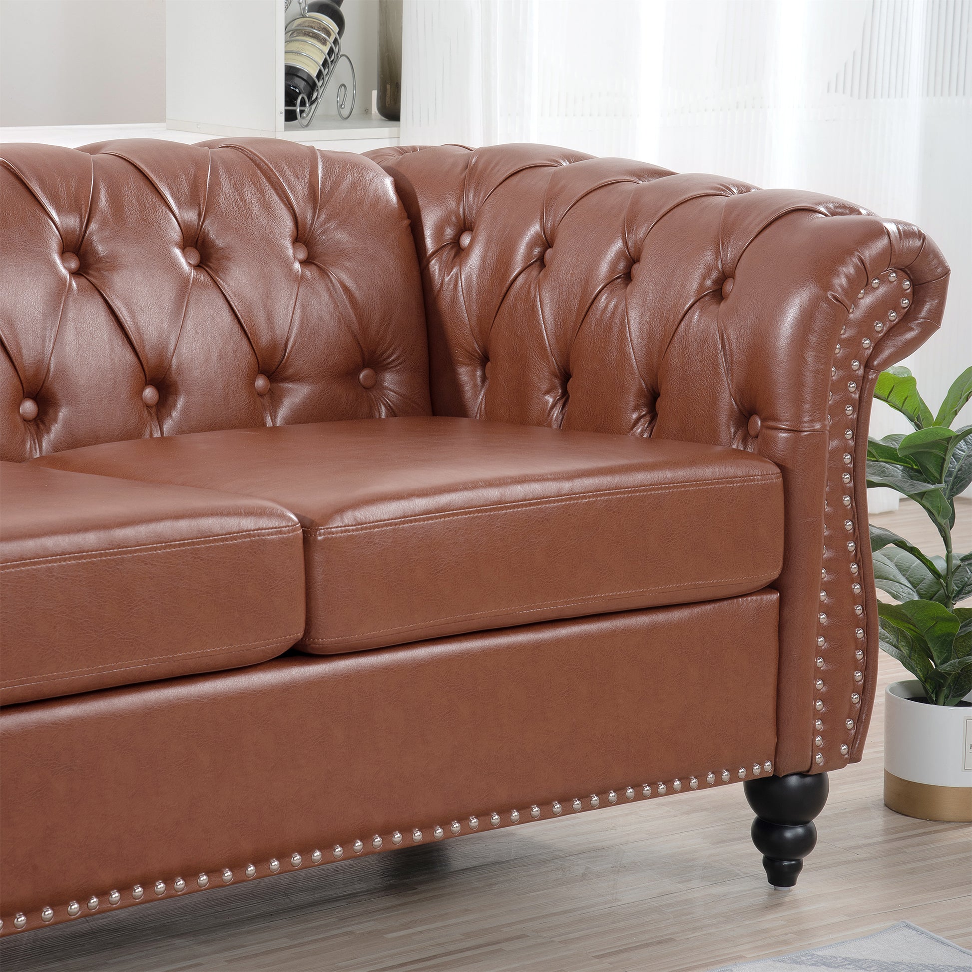 84.65"Brown Pu Rolled Arm Chesterfield Three Seater Sofa. Brown Foam Pu