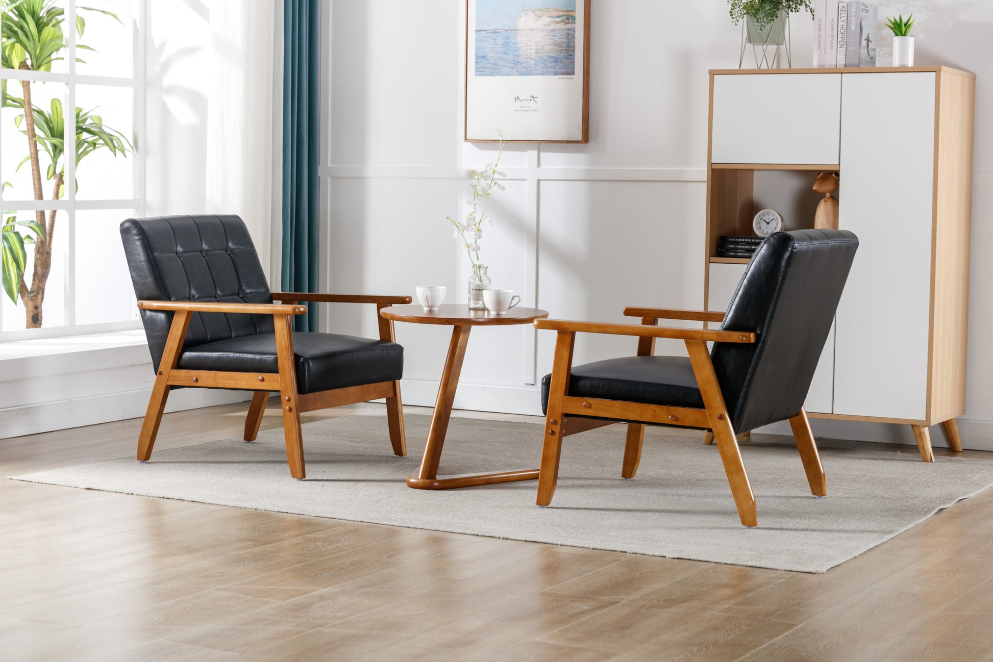 Accent Chairs Set Of 2 With Side Table, Mid Century Modern Accent Chair, Wood And Fabric Armchairs Side Chair, Lounge Reading Comfy Arm Chair For Living Room, Bedroom, Office Black Pu Pu Leather