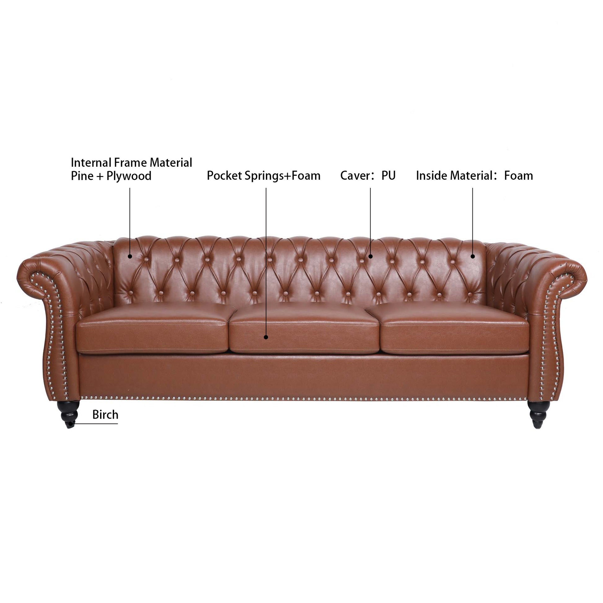 84.65"Brown Pu Rolled Arm Chesterfield Three Seater Sofa. Brown Foam Pu
