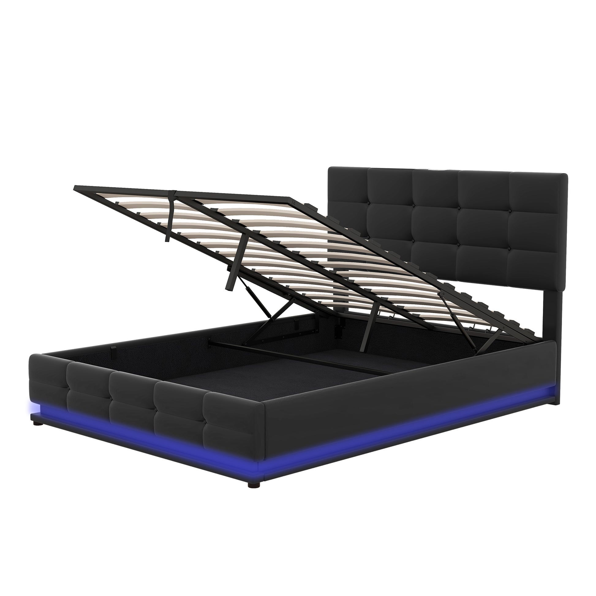 Full Size Tufted Upholstered Platform Bed With Hydraulic Storage System,Pu Storage Bed With Led Lights And Usb Charger, Black Black Pu